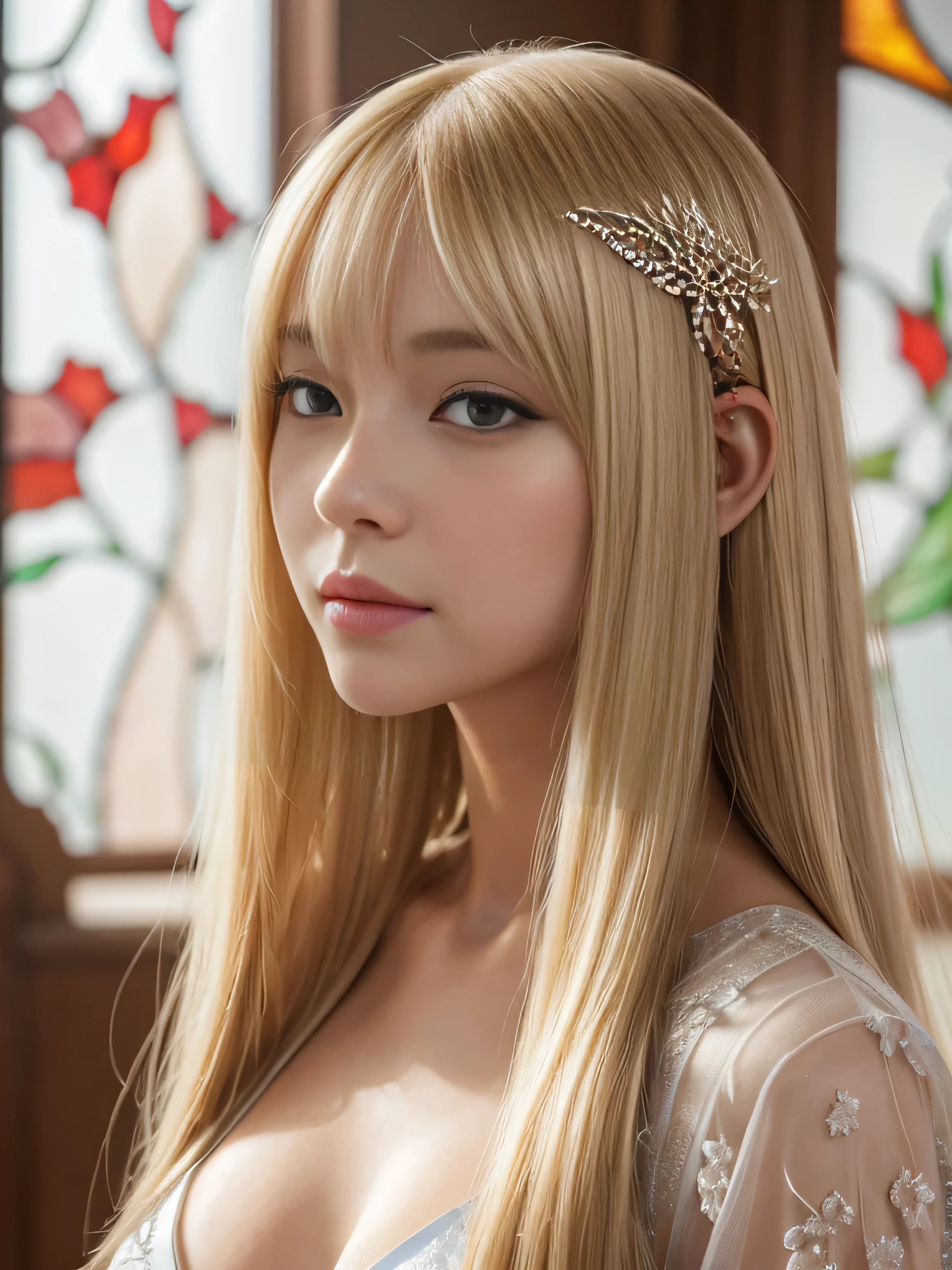 ((Face close-up))　(Squint your eyes:1.2)　(Open your mouth:1.4)  (Large Breasts:1.4)　Beautiful Fantasy Girl　((highest quality)), ((masterpiece)), (Get used to it), Perfect Face　(1 girl)　(French)　(She is 18 years old、The cutest teen in France.)　((highest quality)), ((masterpiece)), length blonde hair 　length, Shining golden hair,Golden Silky Hair, Straight blonde hair, length blonde straight hair, Perfect Silky Straight Hair, Straight blonde hair, length blonde hair, Her hair is long and straight, detailed length blonde hair　((big 1.4))　Super Long Hair down to the ankles　((Neat bangs　The neatly trimmed bangs are princess cut and cover the entire forehead........))...　Bright crimson lips　good, Anatomically correct hand　Thin fingers　Anatomically correct five fingers　Sexy professional makeup　Beautiful French girl face, French facial features, Long Hair shiny Long Hair, length, Shining golden hair, length, Straight Golden Hair, Her hair is long and straight, Super Long Hair girl, Silky Hair, length blonde hair, Silky Hair, length, Flat Hair, Silky texture, Long Hair, length, Flowing blonde hair, thin and shiny hair　Anatomically correct、White beautiful human skin and detail of hands and fingers　Beautiful Eyes　Mouth Details　the corners of the mouth rise slightly　Cool look　　(The eyebrow color is dark brown.)　　(Yellow dress posing for a picture, Disney Portraits, tumbler, shin hanga, wearing organza gown, dressed beautiful gown, lady using Yellow dress, color: Yellow, A woman wearing a sparkly floral dress, elegant Yellow skin, gown, Fantasy Dress, Formal Wear, light Yellow　beautiful gown, Yellow theme　)　(A church with high quality stained glass..)　