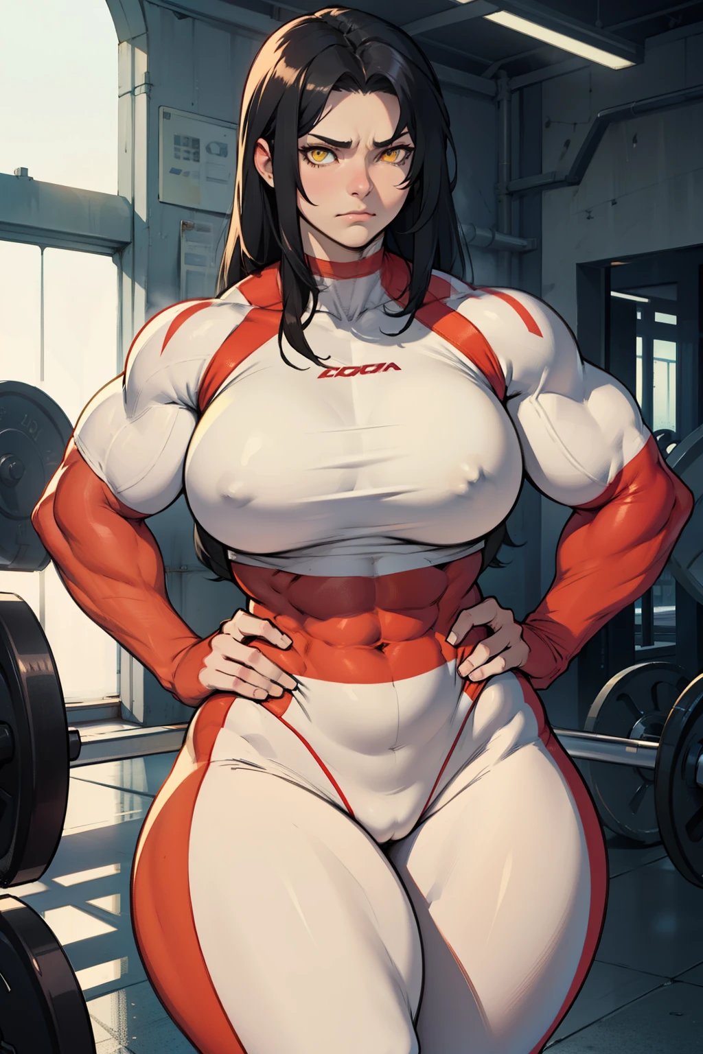 wide hips curvy thick thighs voluptuous large breasts muscular toned body bodybuilder black hair pale skin yellow eyes skintight expressionless sad thick thick thick