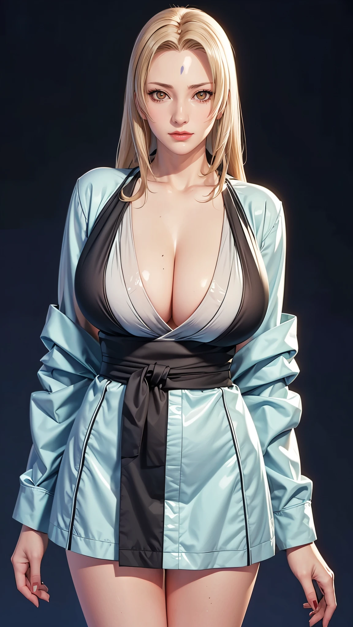 （（（完美figure，figure，solo， White and tender skin，（（（Cyberpunk，tsunade, Japanese clothes, sash, jacket，A tea green long jacket with black edges, black belt,  ））），（（（t5un4d3, Light yellow long hair, blue purple mark on forehead, light yellow thin short eyebrows, bright brown pupils, light red lips））），((masterpiece)),high resolution, ((Best quality at best))，masterpiece，quality，Best quality，（（（ Exquisite facial features，Looking at the audience,There is light in the eyes，(（（Smile，confidence)））)，））），型figure:1.7））），（（（Light and shadow，Huge breasts））），（（（Looking at the camera，black background）））