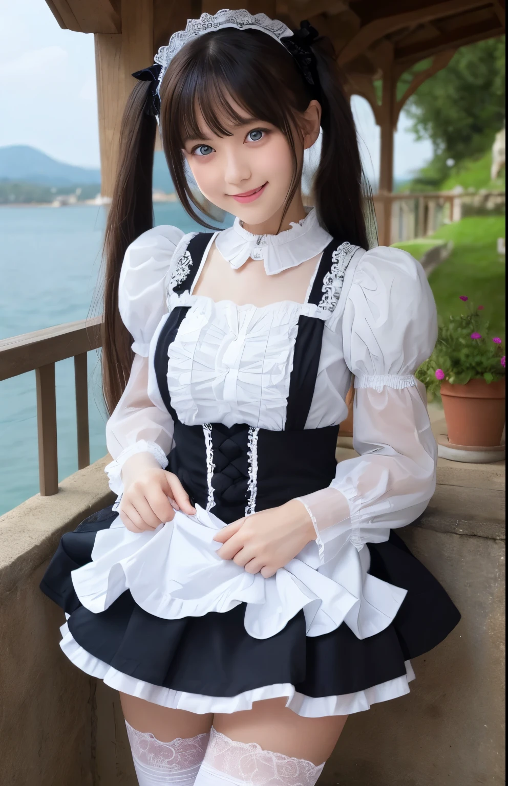 ((masterpiece)), ((highest quality、Ultra high definition)), (Very detailed),8K、Photo quality、((Amazingly cute girl)), -yeld gi Two people, , (Beautiful emerald blue eyes), ((smile)),In the open-air bath overlooking the sea, Beautifully arranged black hair in twin tails、whole body、(Super high-end white see-through summer gothic lolita maid costume、A super mini skirt with lots of frills)、Professional Lighting、(White lace knee-highs)、