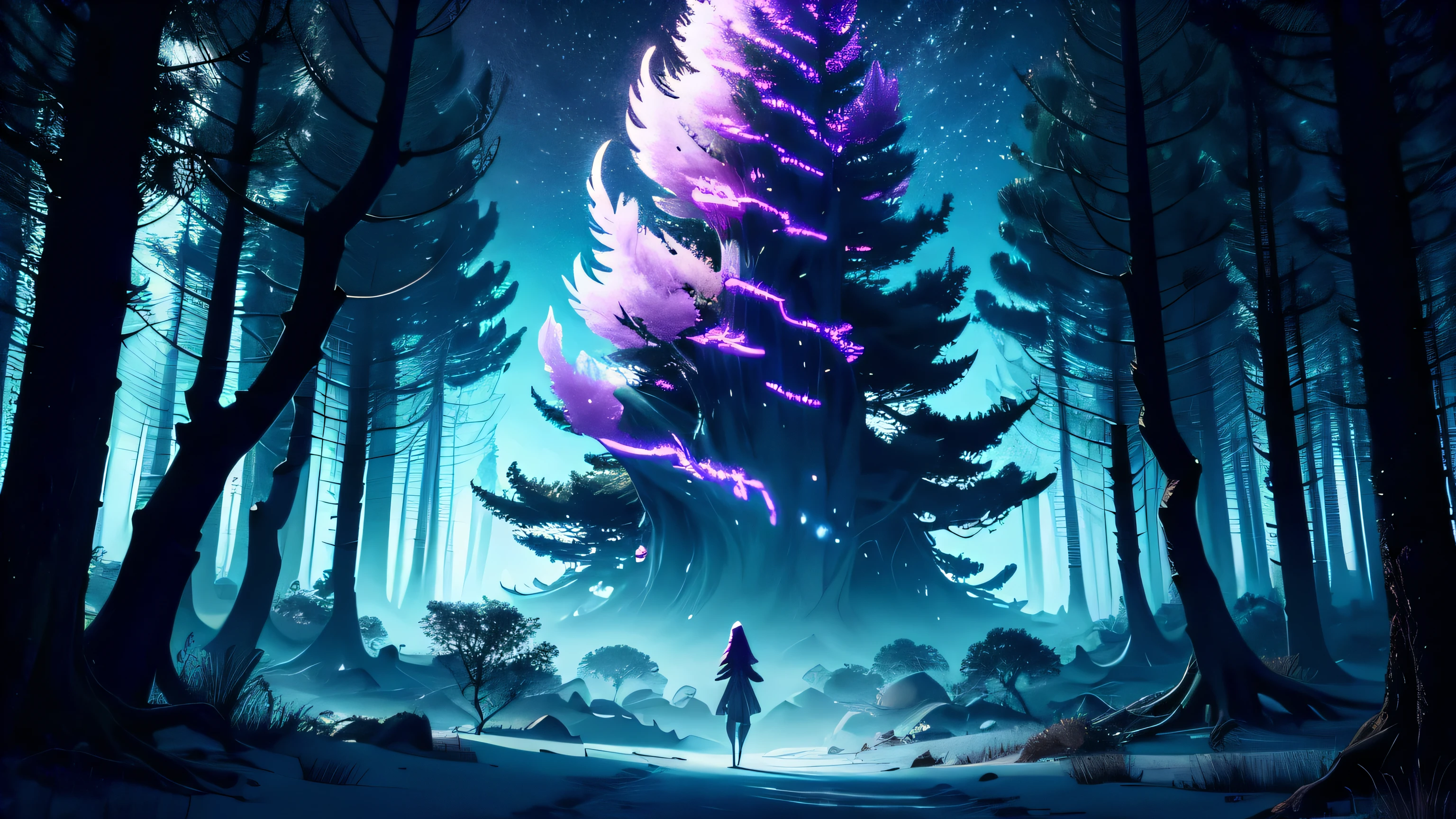 The twisted trees and illuminated flowers created a fairytale atmosphere, But Mia knew that behind this beauty there might be hidden dangers. The specter of landing, gravure, Stereoscopic image, Aerial perspective, Depth of field, Extensive plan, Horizontally, 8K, Superior detail, necessary, better quality, 1080p, Full moon night