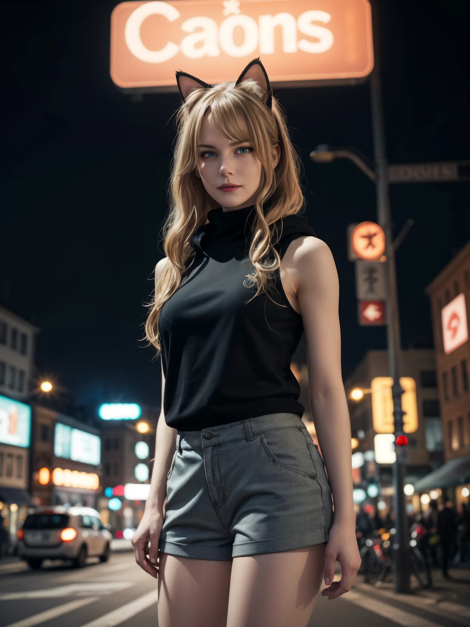 1girl, from below, hoodie, cat ears, kimono, mini skirt, looking at viewer, city lights, moving lights, windswept, detailed face, (raw photo:1.2), ((photorealistic:1.4)), best quality, masterpiece, extremely detailed, 8k wallpaper, fine detail, best quality, extremely detailed 8k wallpaper, highres, cowboy shot, sleeveless turtleneck, hotpants, 