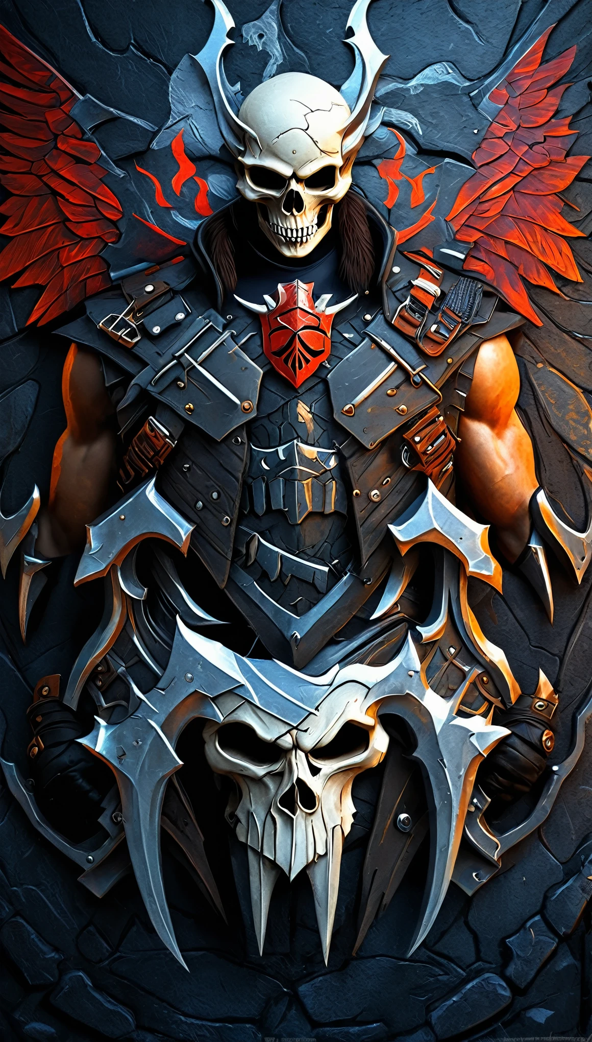 Ice and fire skull with a shield and two swords, of spiked gears of war skulls, skull design for a rock band, heavy metal tshirt design, style of hydro74, heavy metal art style, skull paint, helghast, heavy metal artwork, skull image on the vest, hq artwork, gears of death, detailed digital artwork, fantasy skull