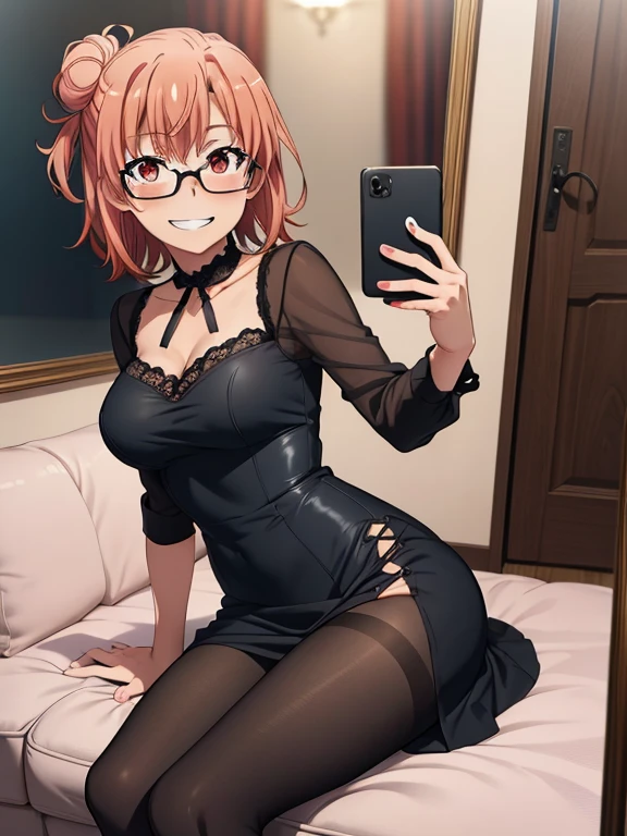 ((masutepiece, Best Quality, hight resolution, nffsw, Perfect Pixel, depth of fields, 4K, )), 1girl in, Solo, , Beautiful anime girl, Beautiful Art Style,
sitting on sofa:1.3, hotel room background,
Perfect body, grin smile,
Yuigahama Yui, Hair bun, short hair, large breasts, geek glasses:1.3, selfie in mirror:1.5,
Full face blush, black pantyhose:1.4, black lace dress:1.2, red face,
straight-on:1.3, medium shot