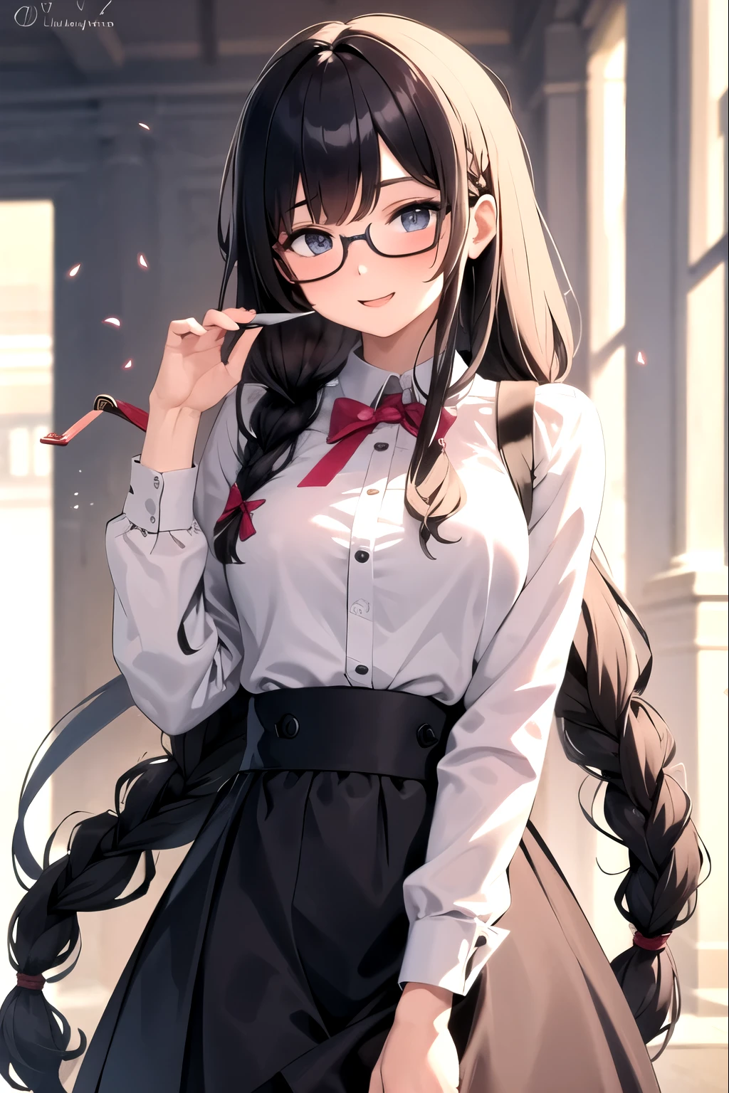 masterpiece, best quality, 1girl, long hair, glasses, happy, braid,