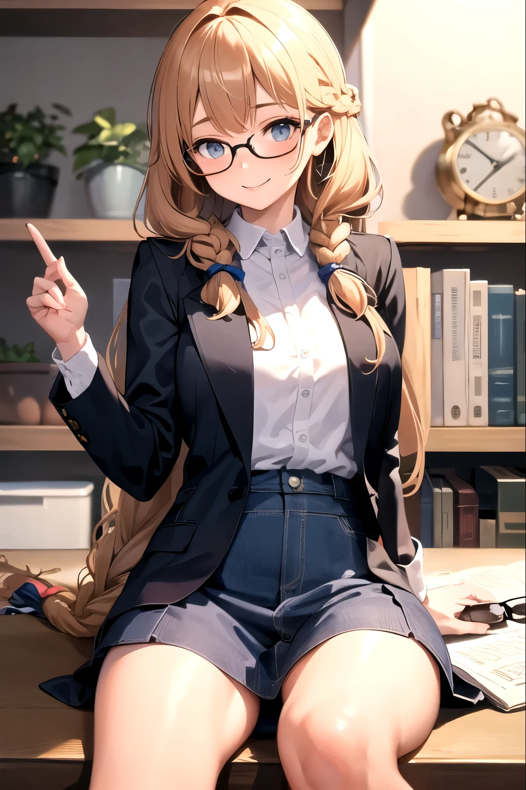 masterpiece, best quality, 1girl, long hair, glasses, happy, braid,