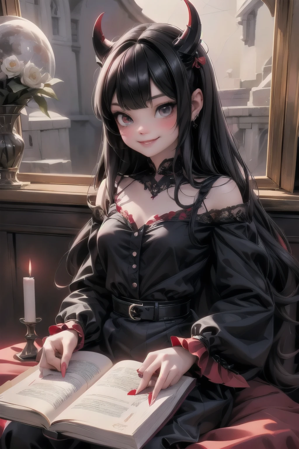a cute little vampiress with red horns smiling, hair accesories, hair ornaments, black hair, lace cloth (crop shirt), red skirt, red pumps, red mary janes, holding a glass of red wine, reading a magical book, castle indoors, candle lights illuminating around, night scene, moon outside a window, seductive look, sfw