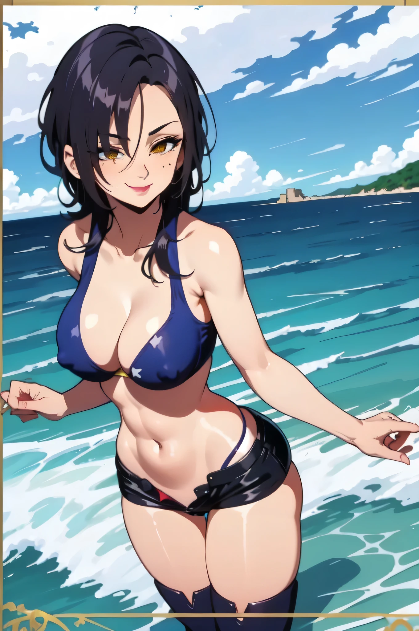 Highly detailed, High Quality, Masterpiece, beautiful, Merlin7DS, mature female, solo, hair over one eye, mole under eye, ocean scenery, beach, mini shorts, low waist shorts, unzipped shorts, panty line showing, red bikini top, bikini top, bikini, bare shoulders, slim stomach, cleavage, wet, flirty smile, blushing (big tits) big breasts, standing in water, cute smile, looking at viewer, full frame, body in frame, in frame