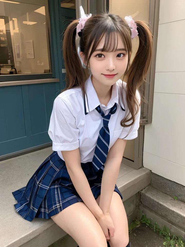 sexy、Slim body、Blonde、highest quality、 Ultra-detailed、High resolution、Twin tails、8k pink wall、Perfect dynamic composition,、Beautiful fine details、Natural color lip、Bold sexy pose、smile、16-year-old girl、cute、Sexy shot looking at the camera、(highest quality: 1.3), (masterpiece: 1.3), (Super Detail: 1.3), (One Girl: 1.1), (Detailed hands and fingers:1.2)、(Ultra-oily, lustrous skin with attention to detail:1.1)、Oily shiny knee socks、(The perfect school girl uniform:1.3)、Short sleeve dress shirt、(Beautiful shapely small breasts:1.3)、(Dark blue plaid mini skirt:1.2)、Sit with your legs apart、Blonde、short hair、Twin tails、Beautiful sister、sexy、I can see your thighs、