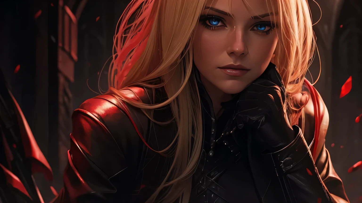 A blonde woman in a black thief's suit screams in pain sitting on her knees looking up, her face is close-up, her eyes glow with a magical scarlet color and bleed
