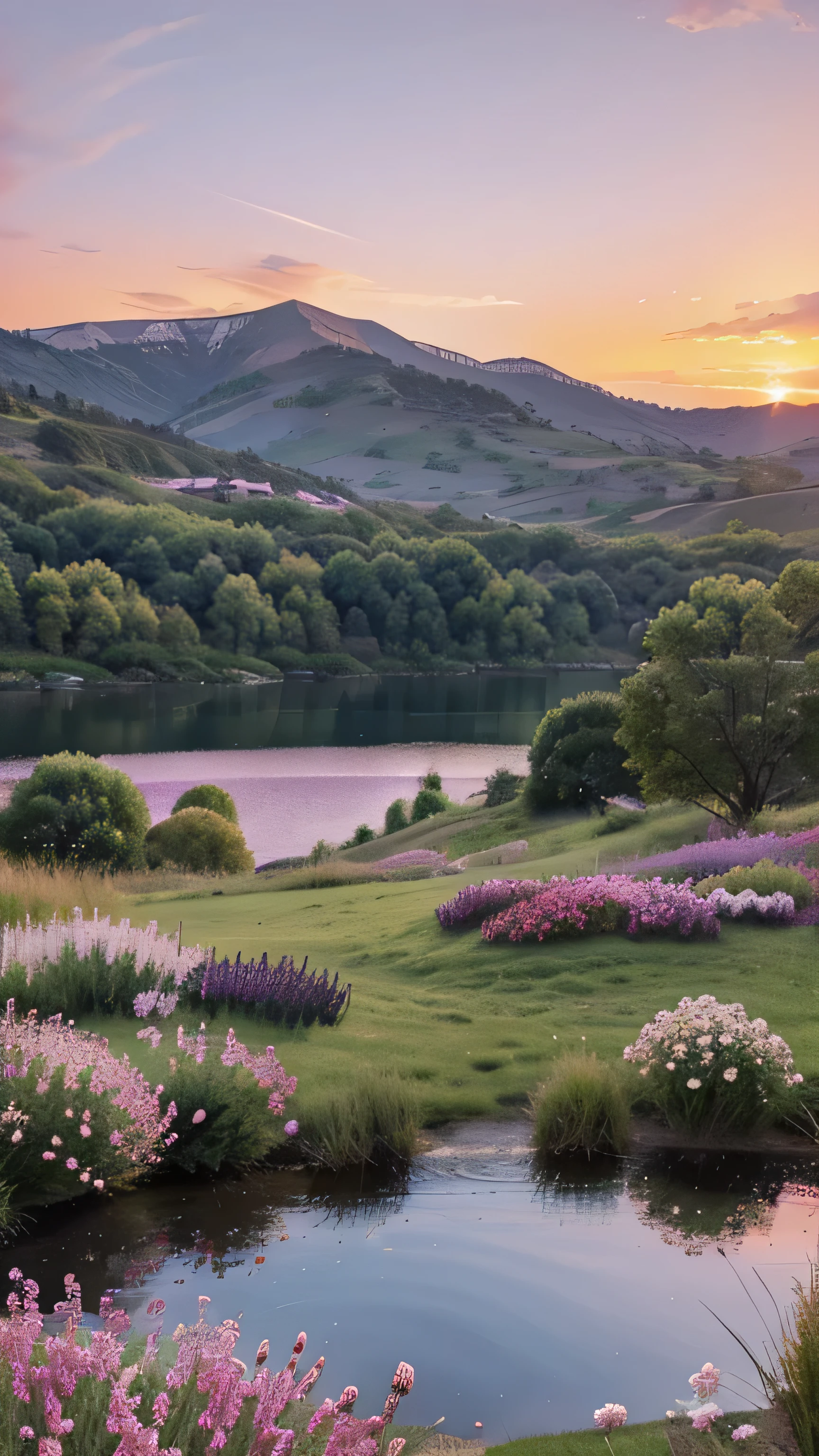 A painting illustration with different tone of pink , purple, peach and blue. Little grass area with peach colour flowers. Behind them a little lake surrounded with trees and hills far away with sunset behind them.