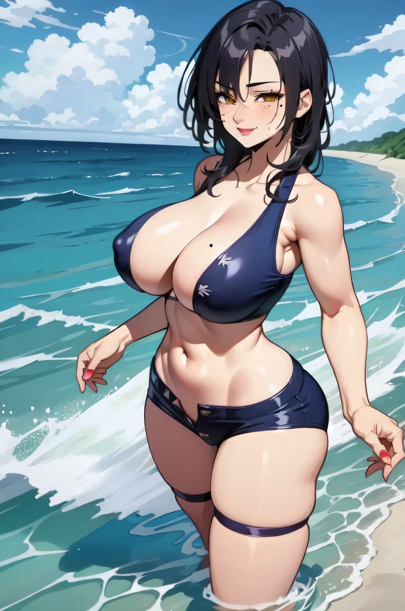 Highly detailed, High Quality, Masterpiece, beautiful, Merlin7DS,  female, solo, hair over one eye, mole under eye, ocean scenery, beach, mini shorts, low waist shorts, unzipped shorts, panty showing, red bikini top, bikini top, bikini, bare shoulders, slim stomach, cleavage, wty smile, blushing (big tits) big breasding in wamile, looking at viewer, full frame, body in frame, in frame