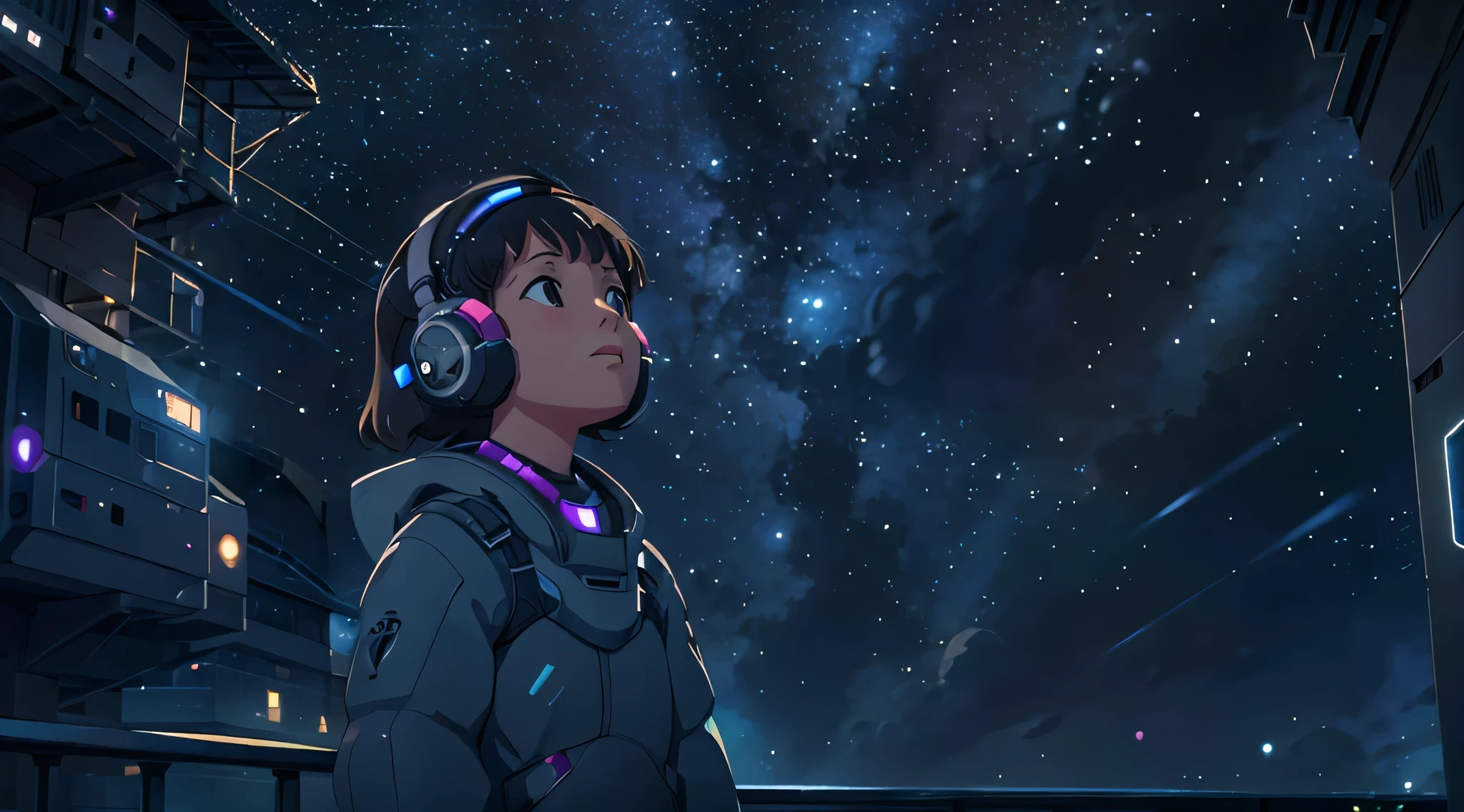 looking up at the starry sky on a balcony in a cyber punk environment