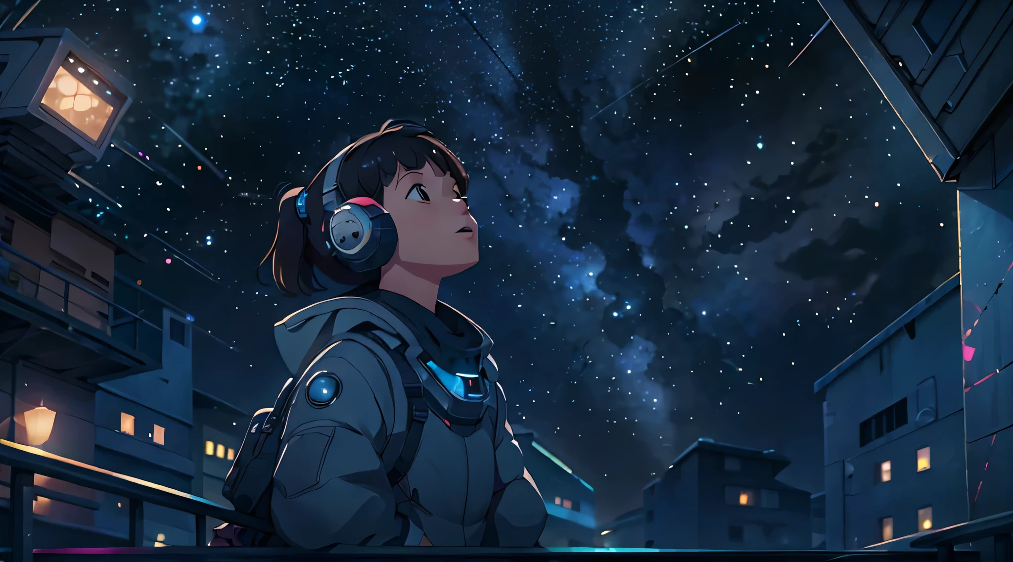 looking up at the starry sky on a balcony in a cyber punk environment