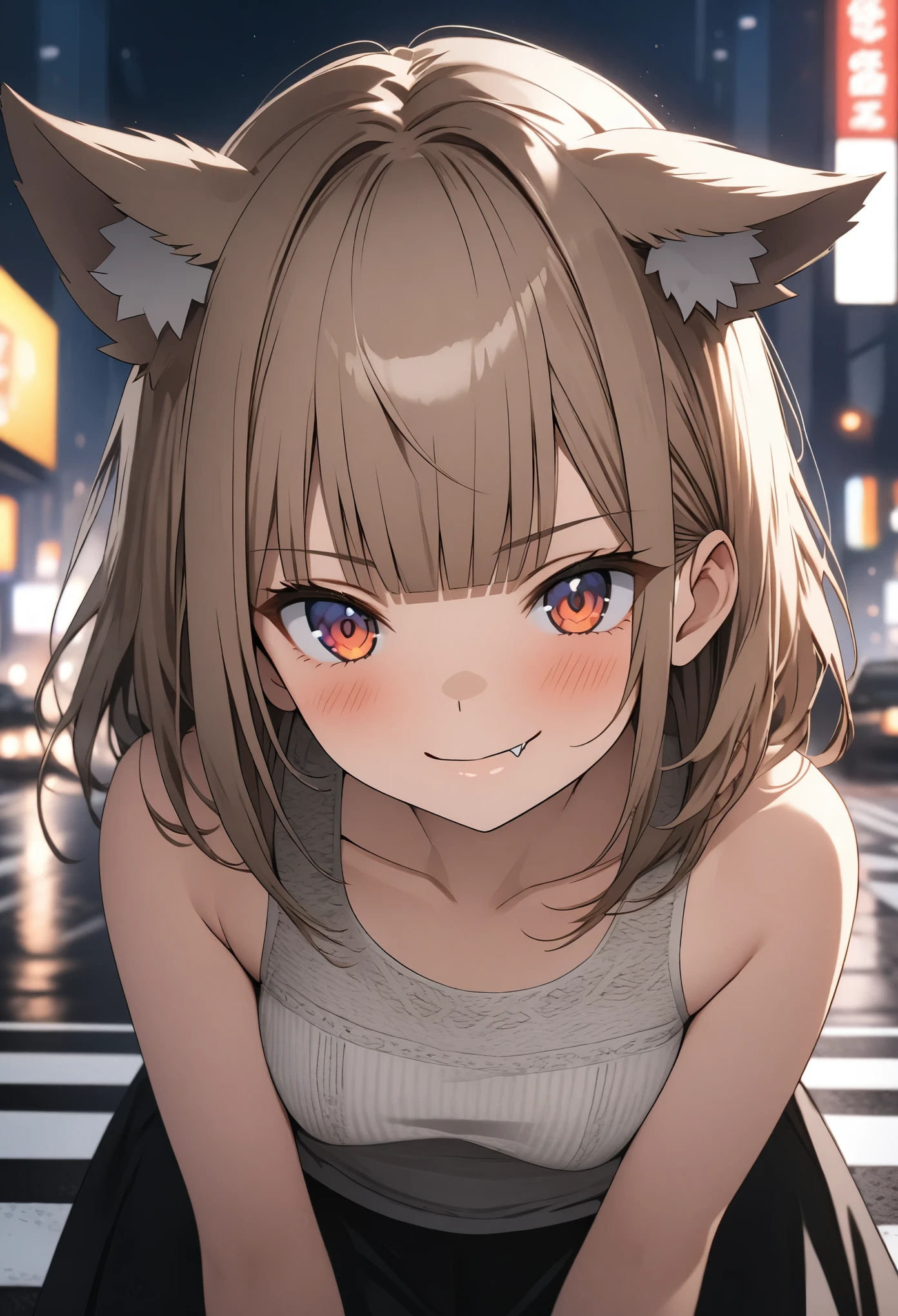 ((Masterpiece)), ((best quality)), (Anime:1.3), (High Definition:1.3), (Professional Photography:1.4), Portrait shot, 8K, Glossy skin, cinematic lighting, 1girl, wide-shot, (Knit fabric tank top), (Cute innocent teenage girl), slendar body, small breast, glossy medium hair, (loose blunt bangs), ((:3)), open mouth, fang out, (very naughty smile), beautiful collarbones, (slightly exposed shoulders), (put on wolf ears), pale brown hair, BREAK, ((best quality)), (cool pose on Intersections), crosswalks, rainy days, (on the TOKYO), Beautiful cityscape Background,