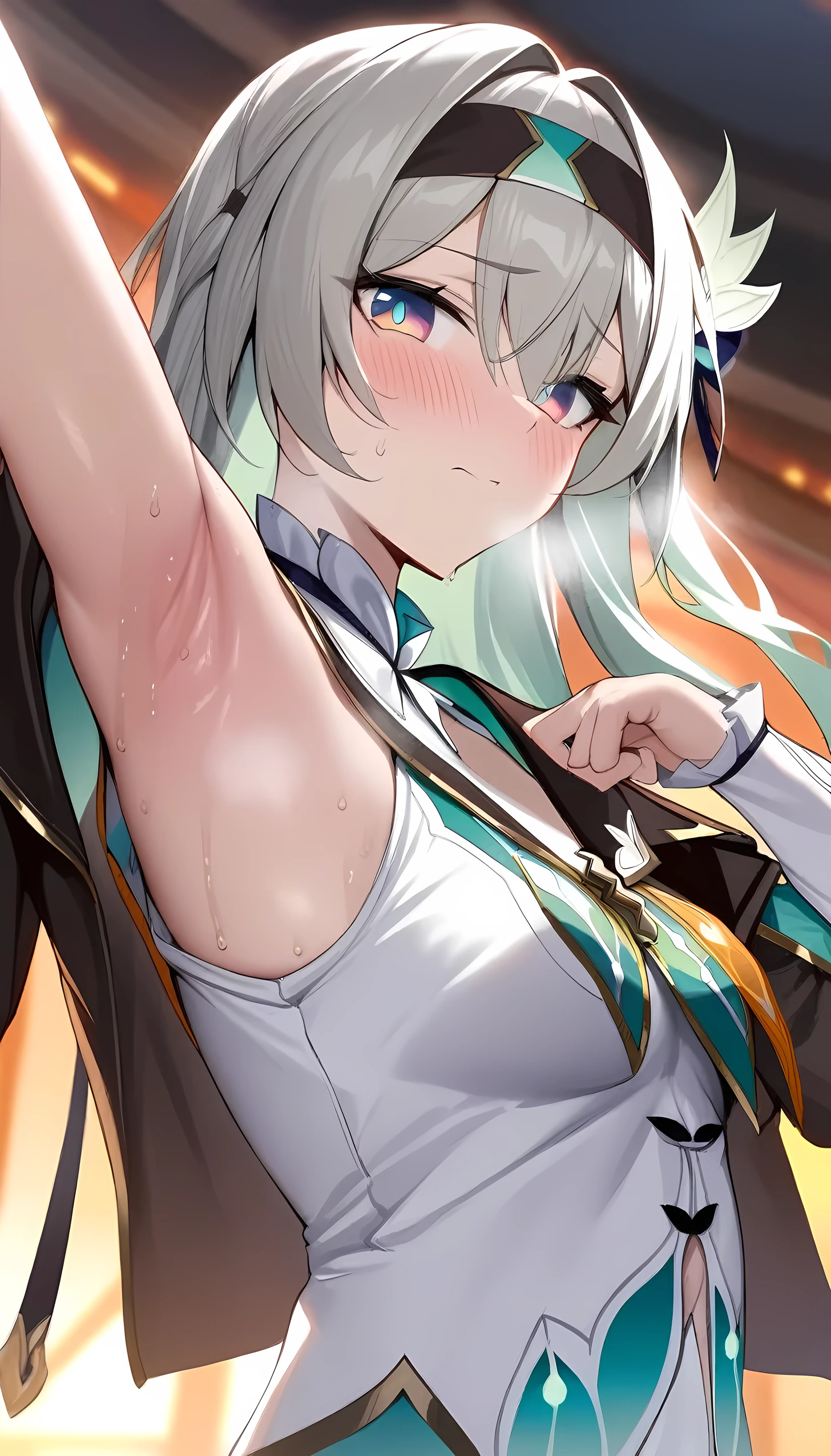 (masterpiece:1.2), hyper detail, best quality, (intricate_details:1.1), beautiful detailed, beautiful hair, solo,1girl,FIREFLY \(HONKAI: STAR RAIL\),1GIRL,SOLO,JACKET,WHITE FLOWER,HEADBAND,(one hand wipe sweat1.5),blurry_background,sweating,greasy shoulder,from below,armpit,greasy armpit,shoulder focus,((armpit focus)),bare shoulder,upper body,five fingers,singing,five fingers,((greasy armpit)),((smooth armpit)),((Pupil details)),backlighting,on Exhibition venue,fire background,((hand on chest)),((five fingers)),((Detailed armpit)),((elastic armpit)),((soft armpit)),black jacket,((jacket half of shoulder)),upper body,bare shoulder,sleeveless shirt,white shirt,((looking ahead)),((torned clothes)),((wipe sweat)),((jacket torn)),blush,closed mouth,((torned jacket)),wiping sweat from forehead,scar,heavy breathing,looking at viewer