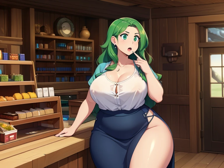  ((masterpiece,best quality)), caroline\(stardew valley\), long hair, Green hair, green eyes, @_@, medium breasts, Blue blouse, brown long skirt, shop, behind Cash register, indoors, chubby, mom body, wide thighs, sexy, stardew valley, surprised mouth, 