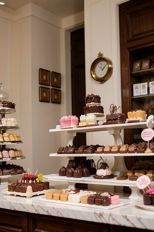 Chocolate shop with pastel colors, cheias de doces e chocolates