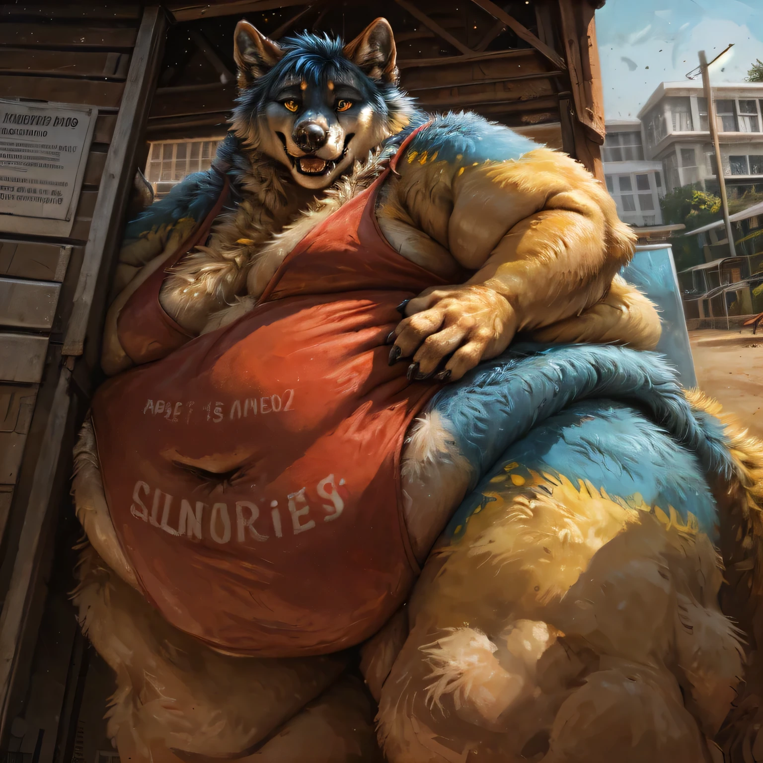 Beach setting, wolf, male, (yellow body fur:1.5, blue underside fur:1.5), (short messy blue hair), (morbidly obese:1.5), flabby, fat, corpulent, saggy, overweight, life guard, happy, looking at viewer, full body view, standing towards the viewer, front body view, on the beach
BREAK,
(detailed background:1.2),high detail, film photography, RAW candid cinema, realistic, analog style, best quality, ultra realistic, 8k,by Kenket,