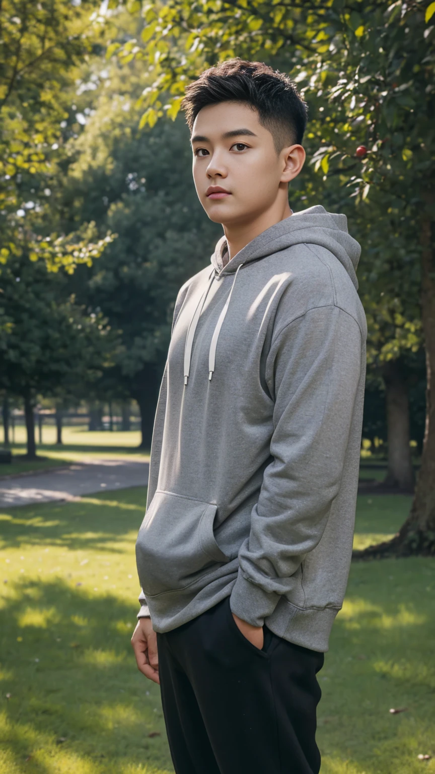 - Top quality, friendly faced man, , fat body, black hoodie, grey trousers, standing casually, Shooting in the park, Natural lighting, Berry Shortcut