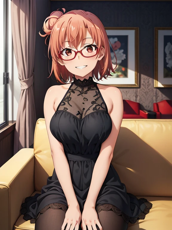 ((masutepiece, Best Quality, hight resolution, nffsw, Perfect Pixel, depth of fields, 4K, )), 1girl in, Solo, , Beautiful anime girl, Beautiful Art Style,
sitting on sofa:1.3, hotel room background,
Perfect body, grin smile,
Yuigahama Yui, Hair bun, short hair, large breasts, geek glasses:1.3, selfie in mirror:1.5, show feet:1.5,
Full face blush, black pantyhose:1.4, black lace dress:1.2, red face,
straight-on:1.3, medium shot