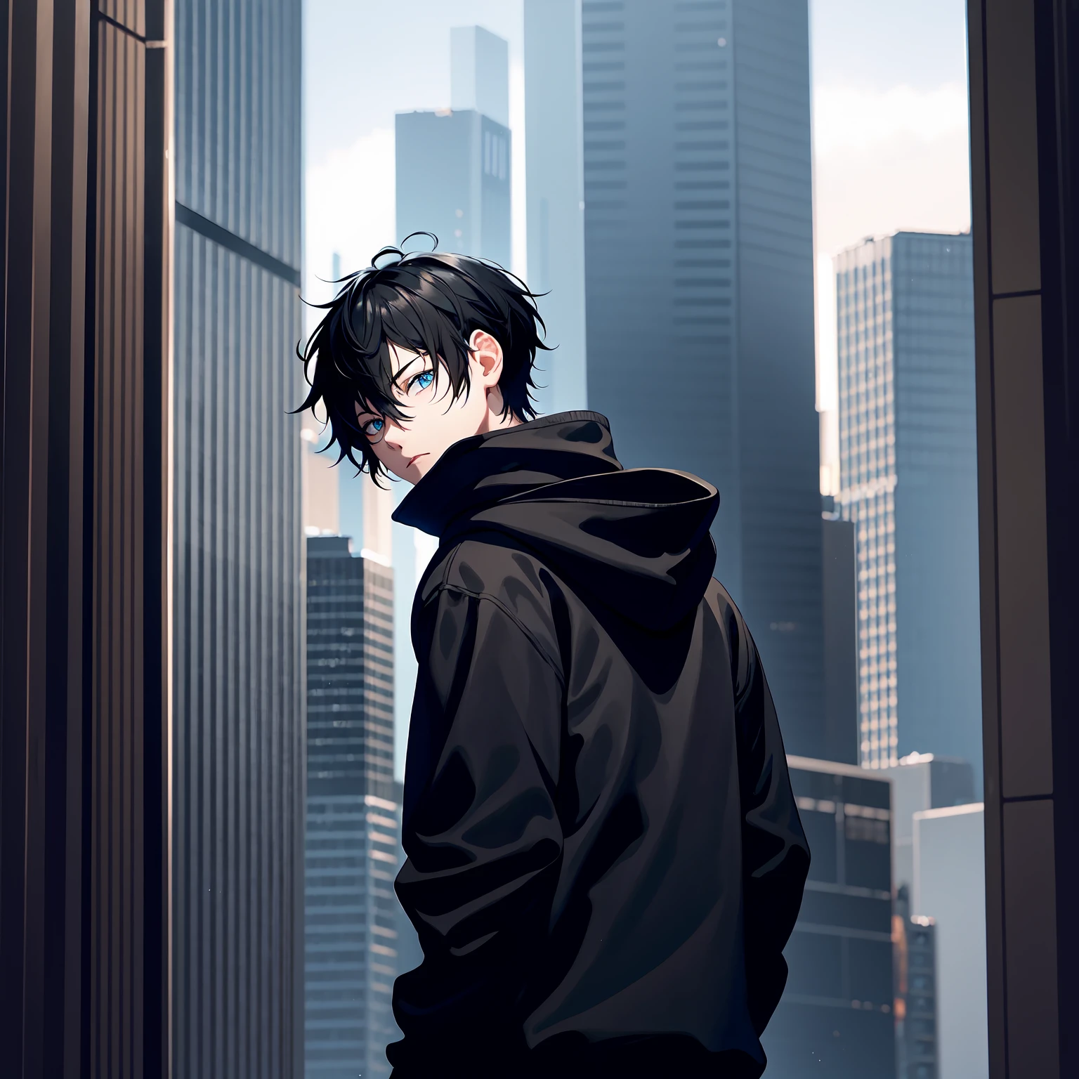 1boy, short black hair, blue eyes, wearing all black hoodie, on top of a building, high res, ultrasharp, 8k, masterpiece, looking at viewer from behind