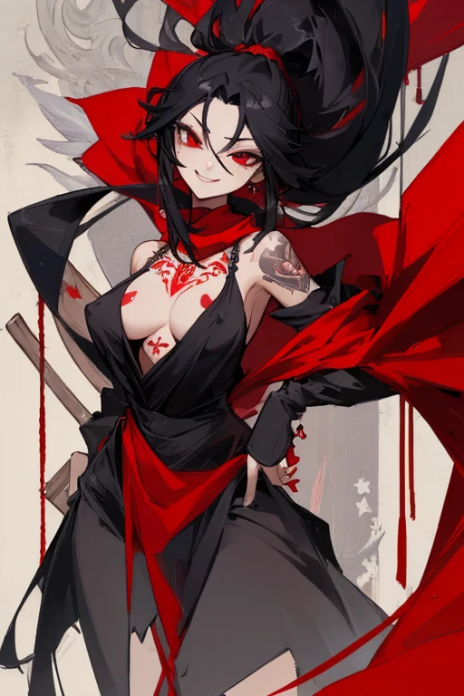 ((highest quality)), ((masterpiece)), (be familiar with),One female,Black Hair,Red eyes,Black Dress,Chest tattoo, Bewitching Smile,Heel,Black Hair,Hair tied around the neck,Red shawl,Erect nipples,(whole body),Slanted Eyes
