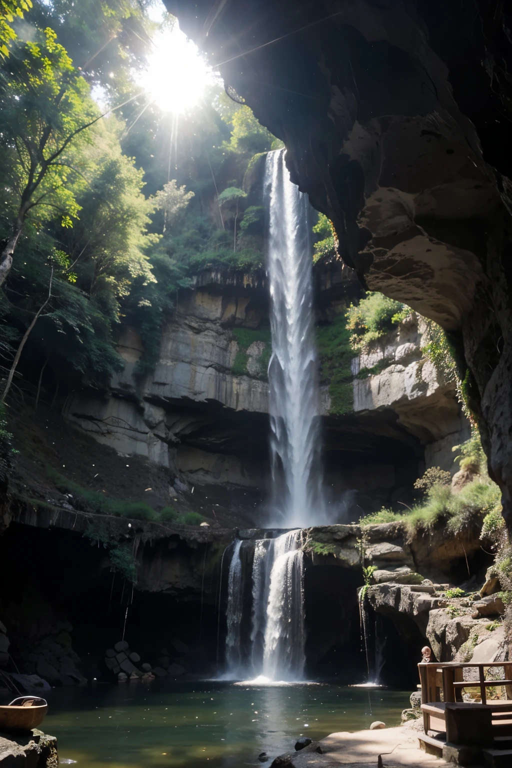 A majestic waterfall descends from a high cliff into a lake of crystal blue water. Ao lado do lago, a mysterious cave has an imposing tree growing inside, with its branches extending to the cave ceiling. Um buraco no teto permite que a luz do sol penetre, creating a magical effect as the sun&#39;s rays dance on the water below.