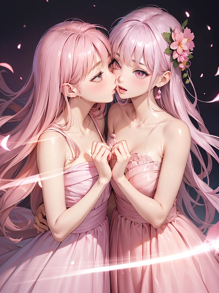 Very detailed CG Unity 8K wallpaper, Cute 2 lady, Mature hair、lady ,beautiful lady, pale skin (Super masterpiece, Beautiful person, well detailed face polluted smile, Photorealistic, hyper realisitic),
(Pink gorgeous dress:1.7)、 smile、
Japanese background with light pink flowers and snow、Portrait、(Two women:1.5)、(The two kiss:1.5)
(ref Eyes)、(flat chest:1.2)、(Glowing Skin:1.7)、Detailed eyes、Big eyes、Open your mouth、Hide your arm、