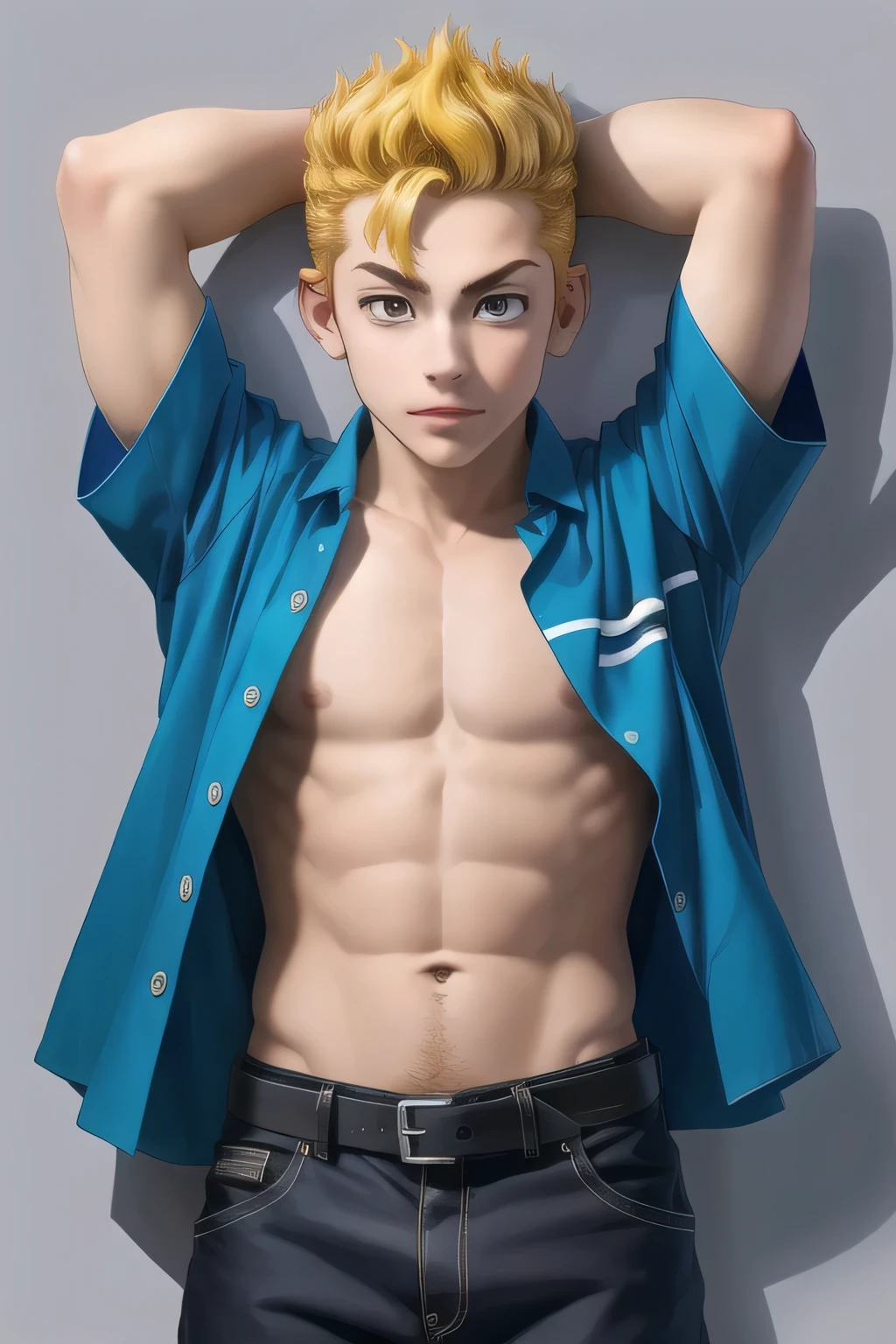 masterpiece, best quality, high quality, 1boy, solo, male focus, shirt off, yellow hair, other hand behind head, full view, low view, waist.