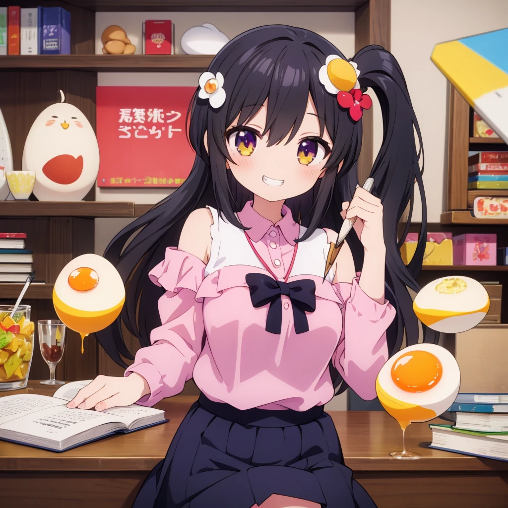 masterpiece, One girl, Medium chest, alone, araragi karen, hair ornaments, egg hair ornaments, Side Ponytail, Black Hair, food-themed hair ornaments, fried egg, View your viewers, egg (food), Long Hair, (Iris:1.1), Purple Skirt, No sleeve, Pink Shirt, homework, Book, Holding a pencil, Grin