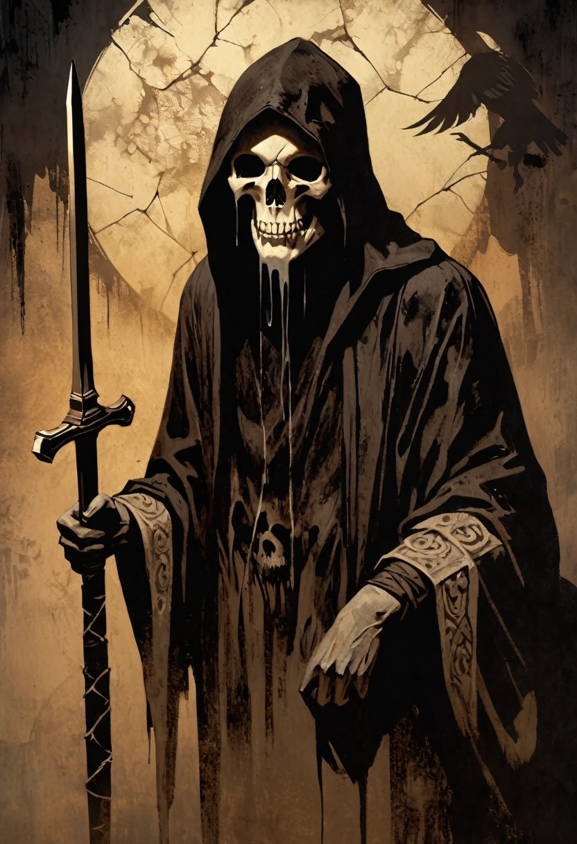 (best quality,4k,8k,highres,masterpiece:1.2),ultra-detailed,(realistic,photorealistic,photo-realistic:1.37),oil painting,colorful,brush strokes,dramatic lighting,horror,skull man warrior,aged paper,aesthetic,dripping ink,gritty texture,dark and moody atmosphere,detailed facial features,expressionless face,intense gaze,weathered armor,worn out sword,ancient runes,crow feathers,ominous background,grim reaper vibes,haunting,creepy,macabre,vintage style,monochrome with sepia tones,contrast,depth,texture,old world charm,subtle decay,aged elegance,cracked paint,weathered detailspeated paint,cracked stone texture,long shadows,dusty appearance,creased edges,sculptural quality