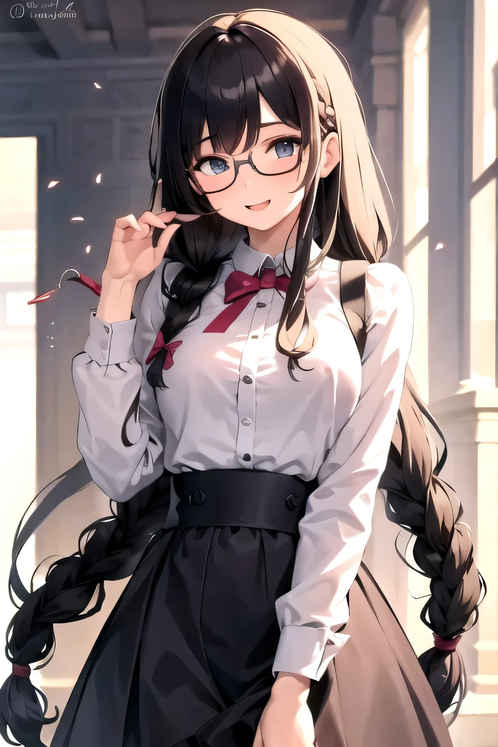 masterpiece, best quality, 1girl, long hair, glasses, happy, braid, blonde