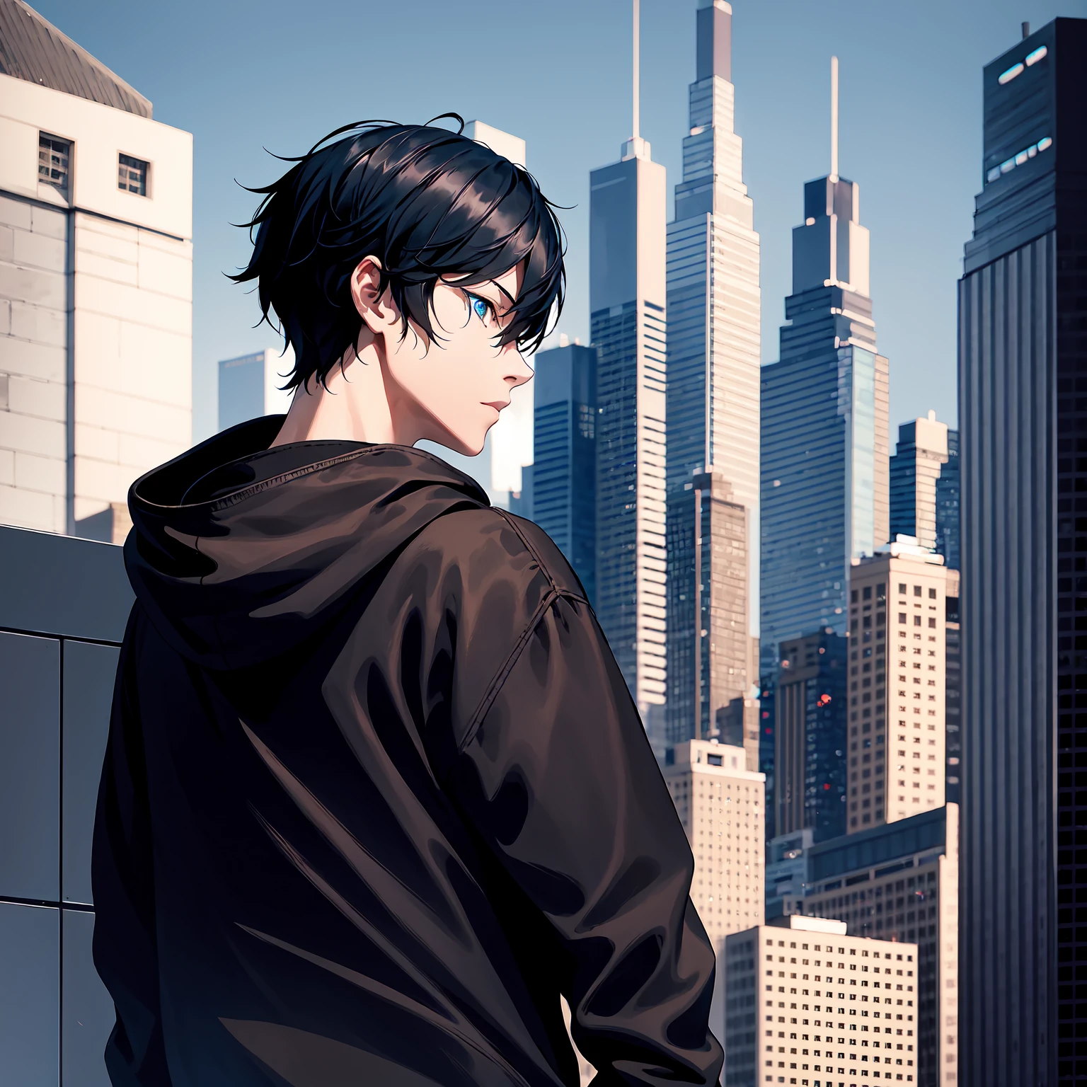 1boy, short black hair, blue eyes, wearing all black hoodie, on top of a building, high res, ultrasharp, 8k, masterpiece, looking at viewer from behind