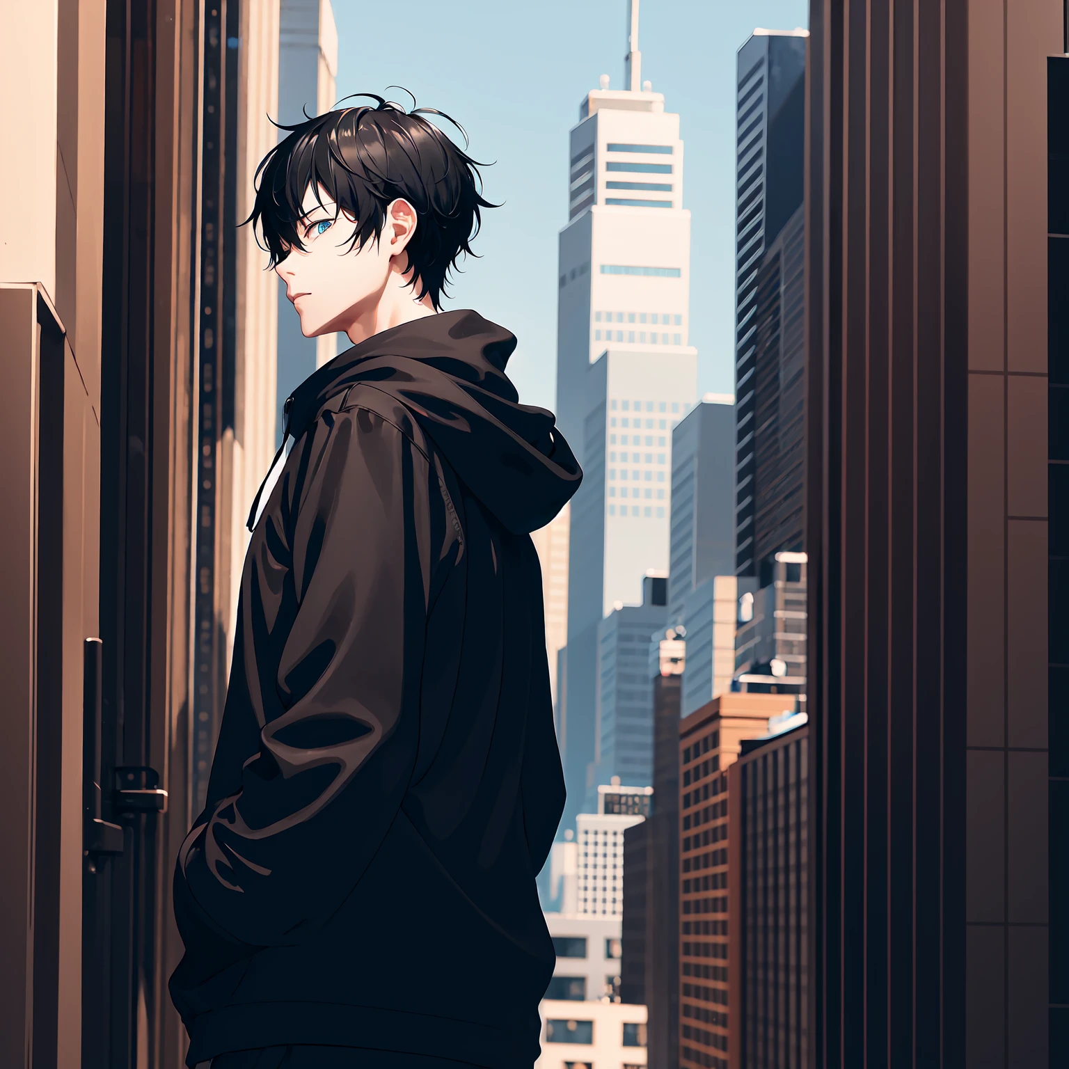1boy, short black hair, blue eyes, wearing all black hoodie, on top of a building, high res, ultrasharp, 8k, masterpiece, looking at viewer from behind
