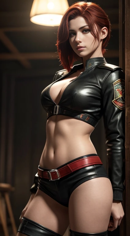 a beautiful 20 year old British vampire mercenary with short red hair, ojos verdes, pale skin, cuerpo formado, small waist, caderas amplias, piernas largas y muslos torneadoscon chaqueta de cuero roja y short pants negros ajustados, Sosteniendo pistolas dobles, Vista desde el frente, figura completa, dynamic pose, ambient lighting, photographic realism, Detalle de cara intrincado, Detalles intrincados de la mano, Muy detallado, Colores vibrantes, cinematographic, High Definition, tendencia en Artstation - estilo raw