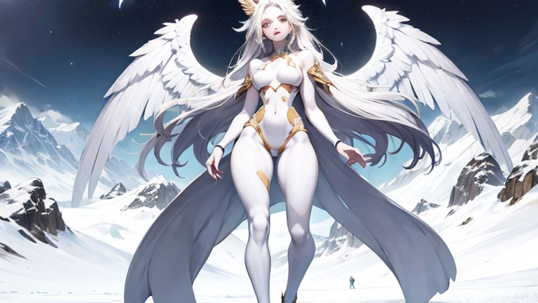 White and Gold, 电影照片whole body女性天使, Her appearance perfectly blends the ancient mystery. Have the face and style of a contemporary supermodel, She exudes a kind of cold and detached beauty, Giant angel feather wings, (Perfect body proportions:2), porcelain impression, (The light of the Alps:1.2), Delicate round face, Platinum White Hair, Eye roll, short nose, thick lips, Protruding chin, Long white hair, Coarse hair, #11: Messy Wavy Hair, Full breasts, Elf ears, earrings, Lavender Satin Lipstick, (fairy lights), （whole body）[(detail:1.2): [ (many small detail:1.3) : [ (many ultrasmall detail: 1.2):(Very detailed ultra-small edges and micro-relief:1.5):0.7 ]: 0.4 ] :0.2]  