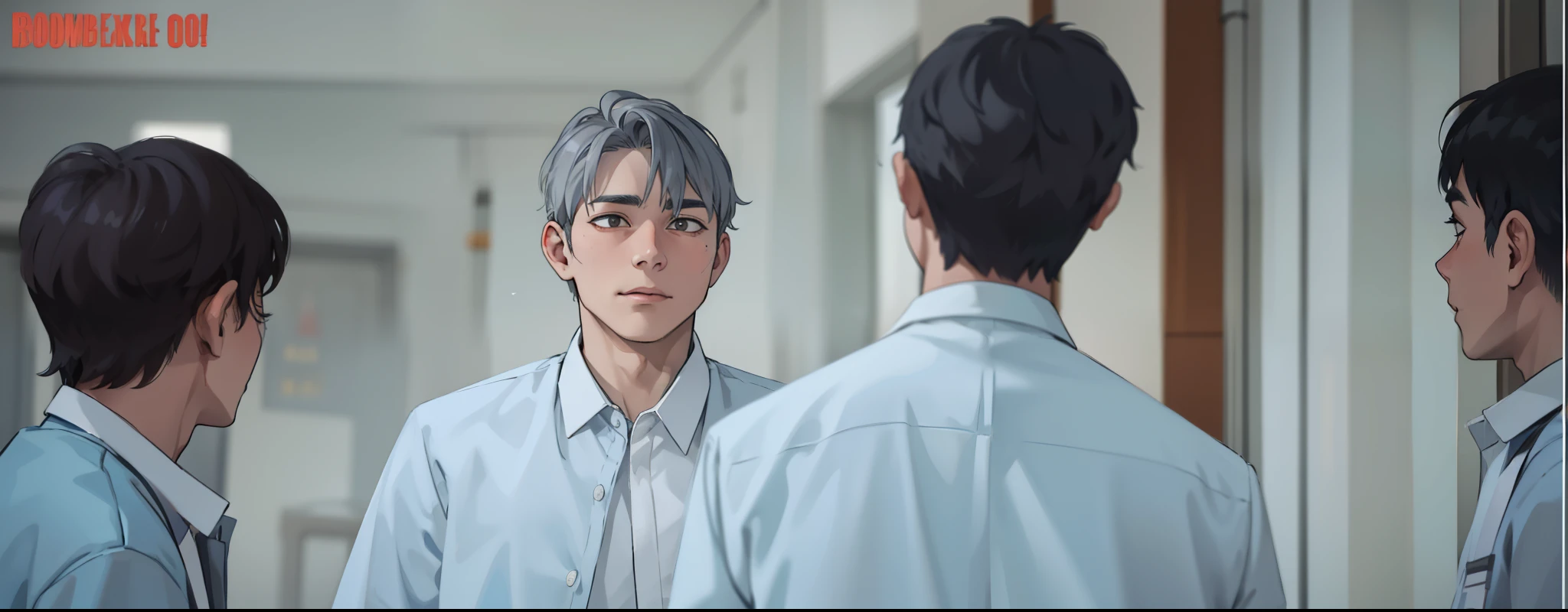 He has gray hair. There are 4 young men of  at school.