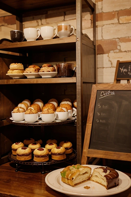 A cozy coffee shop background with some pastries pictured.