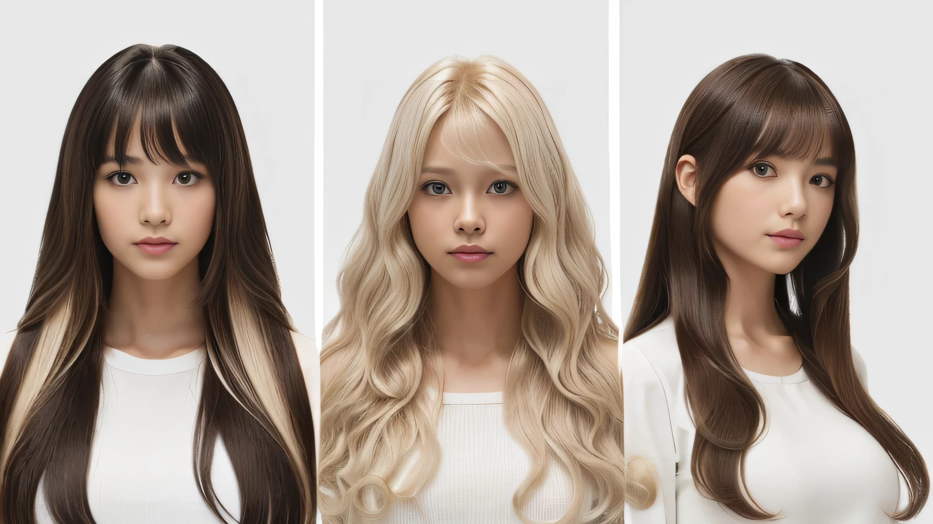 (A close-up of the faces of three identical twins) (Photograph three people in the same pose from the front:2.0) (The three of them are perfect clones.:1.5, Wear the same clothes、Same pose Physically identical:1.5) (Pure white wall background:1.8) ((Random poses showing as much back and hair as possible:1.5)) ((Beautiful model with long platinum blonde hair, girl with super length Hair, extremely length Hair, extra length Hair, very long, Flowing Hair, very length Hair, length Hair girl, very long, Flowing platinum blonde hair, length Hair windy, very longプラチナブロンドヘア, length, Flowing Hair, length and or curly hair, with length Hair, length Hair!!!! Her highest quality hair is long and 真っ直ぐ or curly hair very long, highest quality platinum blonde, length hair in the center, Highest quality long Straight or curly hair, length, Straight or curly hair, beautiful, High quality platinum blonde hair, length and platinum blonde hair highest quality Straight or curly hair, length Hair, length and Straight or curly hair, highest quality platinum blondeヘア, Perfect silky Straight or curly hair of the highest quality, Straight or curly hair, highest quality platinum blondeヘア, length platinum blonde hair Straight or curly hair, length, Bright platinum blonde hair Her hair is long and Straight or curly hair, very longプラチナブロンドヘア, length hair in the center, length Straight or curly hair, length, Straight or curly hair, beautiful hair of the highest quality, length Hair, length, Straight or curly hairプラチナブロンドヘア , length and free Straight or curly hair Platinum blonde hair, Straight or curly hair Platinum blonde hair)) (Her bangs are perfect.:1.3) (France's most beautiful 24-year-old hair model) ((highest quality)), ((masterpiece)), (Familiar) (Get used to it) Perfect Face (Her skin is a typical French complexion...、And very detailed) (Big Breasts) (She is wearing a light blue skirt and a white blouse.......) (She has a beautiful French face and a typical French figure...., Narrow eyes) (She has perfect beautiful makeup and face Lipstick is light red A solid eyeliner) ((Rich 1.4)) (Extremely detailed 8K) (Ultra-fine skin texture 1.4) (Actual, Vibrant:1.4), double eyelid Sharp focus:1.2、Beautiful woman:1.4 Dynamic Lighting (Genuine RAW photos taken by professional photographers) (Her long bangs、Well Organized) Professionally lit from the front (She has a bright and cheerful face)