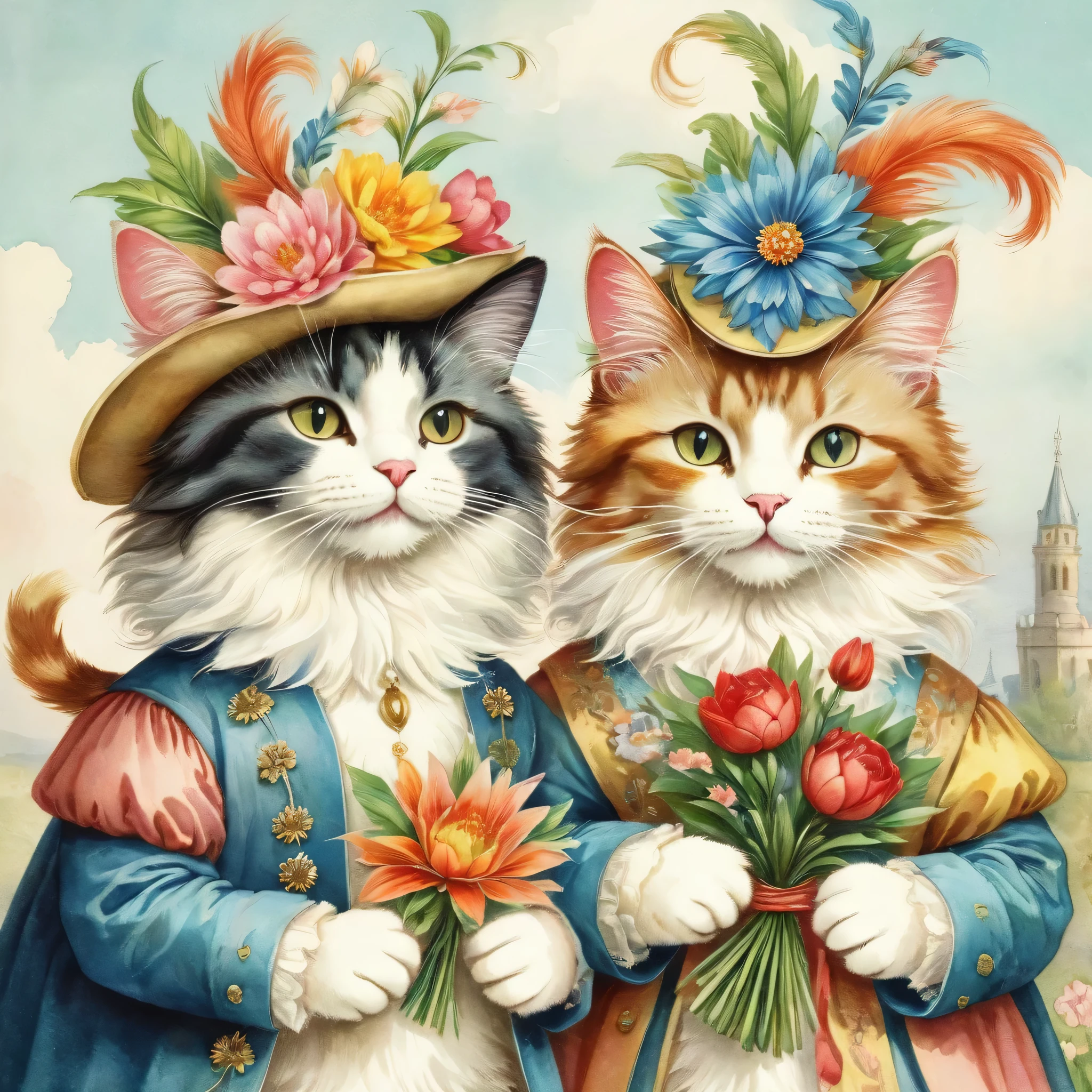 ((A couple of cats holding a bouquet)),masterpiece,highest quality,Fluffy cat,Little,cute,Adorable,fun,happiness,,Flower Hair Ornaments,Stylish scenery,Anatomically correct,all the best,,Little cat,The cutest cat,Fantasy,Randolph Caldecott Style,Awareness-raising,Watercolor,Fancy,Sparkling,Wide range of colors,Gentle colors,Clothing in France in the 16th century,Feathered hat,Cat dressed in noble clothes