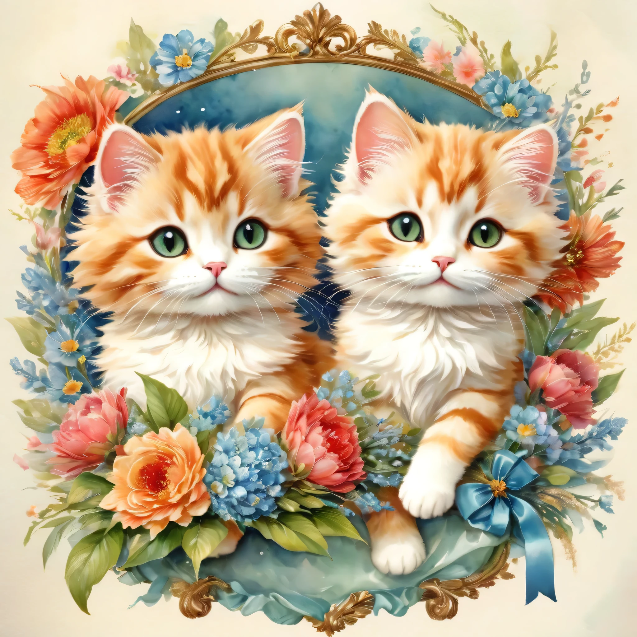 ((A couple of cats holding a bouquet)),masterpiece,highest quality,Fluffy cat,Little,cute,Adorable,fun,happiness,,Flower Hair Ornaments,Stylish scenery,Anatomically correct,all the best,,Little cat,The cutest cat,Fantasy,Randolph Caldecott Style,Awareness-raising,Watercolor,Decorative frame,Fancy,Sparkling,Wide range of colors,Gentle colors