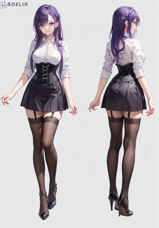 Purple hair,Long hair,Adult female,Bartender,((Rolling up your sleeves shirt)),(Corset),(Tight skirt),Garter belt,High heels,((Simple background)),Smile,((Full body)),((whole body)),Character Sheet,