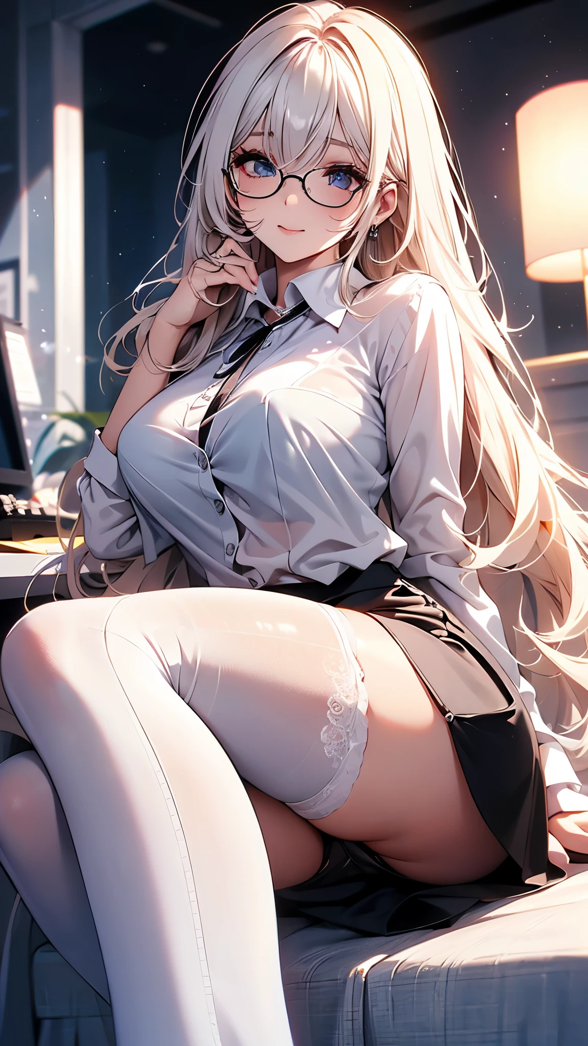 Sweet expression, Lying down, White glasses, super long white hair, (8k, original photo, Reality:1.25) ,( Lip Gloss, eyelash, Bright face, Glowing skin, best quality, Ultra-high resolution , Depth of Field, Chromatic Aberration, Caustic lines, The width light, Natural shadows, Hallyu idol) Look at the audience with calm and goddess-like happiness, whole body, Large Breasts, White lingerie, black, Transparent shirt, White shirt, secretary,