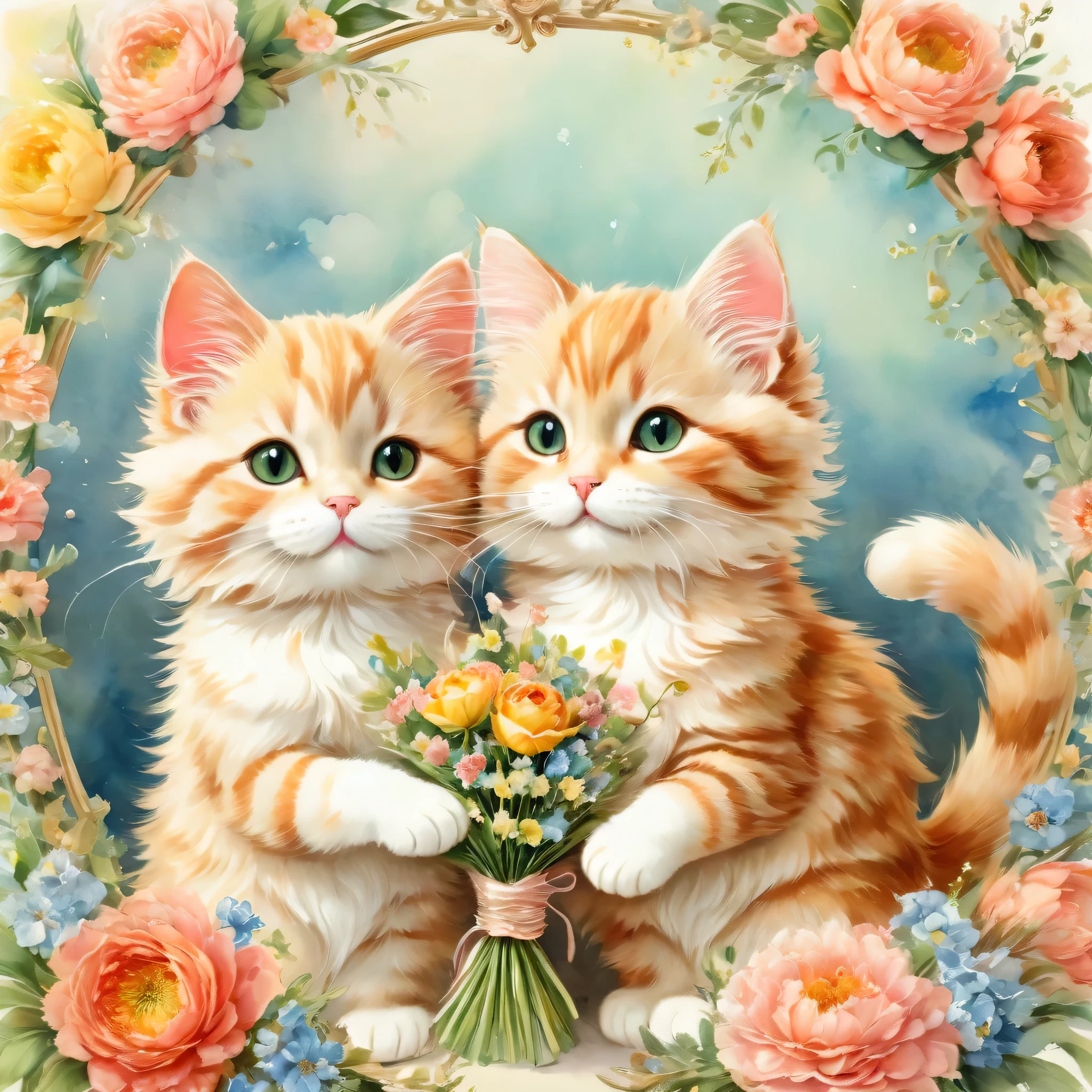 ((A couple of cats holding a bouquet)),masterpiece,highest quality,Fluffy cat,Little,cute,Adorable,fun,happiness,,Flower Hair Ornaments,Stylish scenery,Anatomically correct,all the best,,Little cat,The cutest cat,Fantasy,Randolph Caldecott Style,Awareness-raising,Watercolor,Decorative frame,Fancy,Sparkling,Wide range of colors,Gentle colors