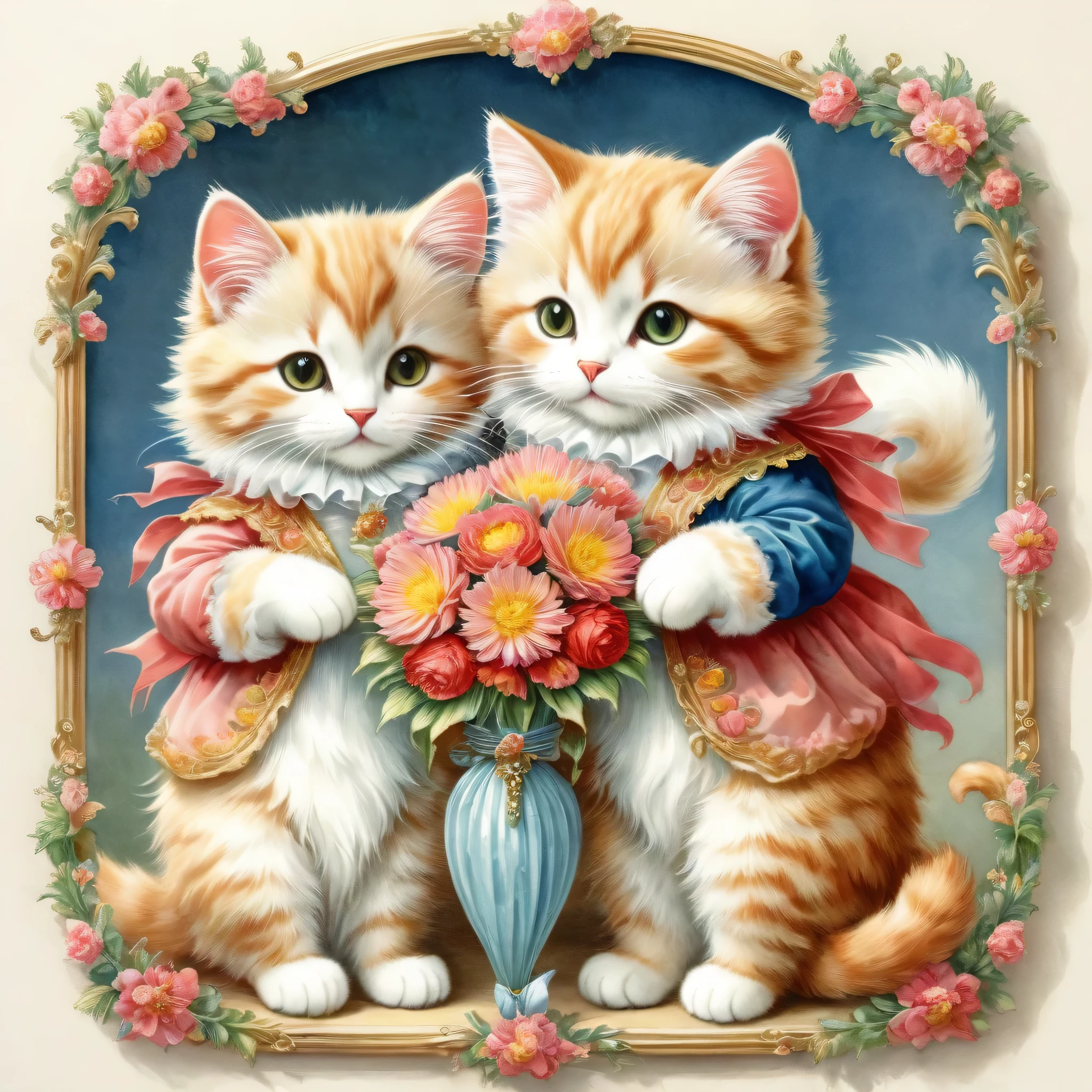 ((A couple of cats holding a bouquet)),masterpiece,highest quality,Fluffy cat,Little,cute,Adorable,fun,happiness,,Flower Hair Ornaments,Stylish scenery,Anatomically correct,all the best,,Little cat,The cutest cat,Fantasy,Randolph Caldecott Style,Awareness-raising,Watercolor,Decorative frame,Fancy,Sparkling,Wide range of colors,Gentle colors,Clothing in France in the 16th century,Feathered hat