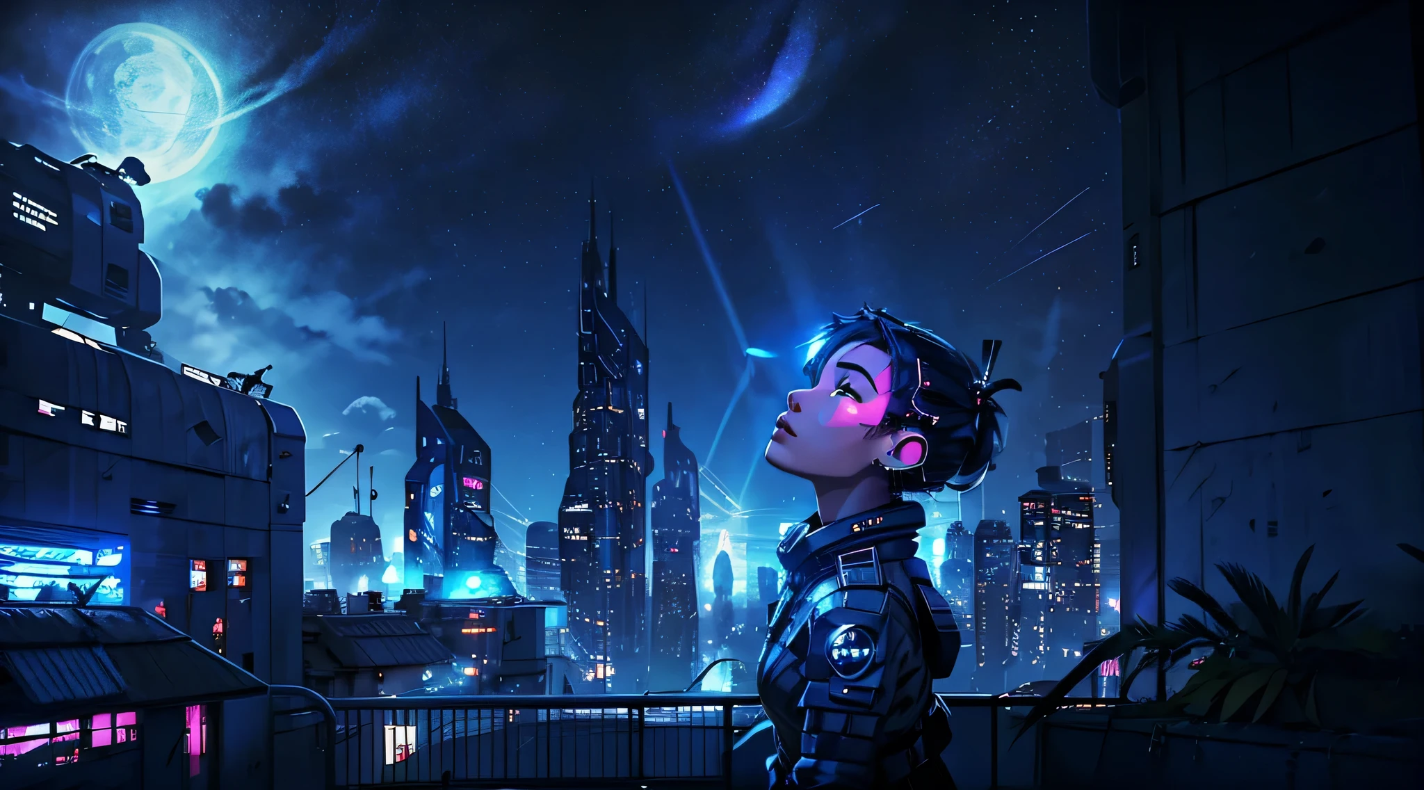 looking up at the starry sky on a balcony in a cyber punk environment