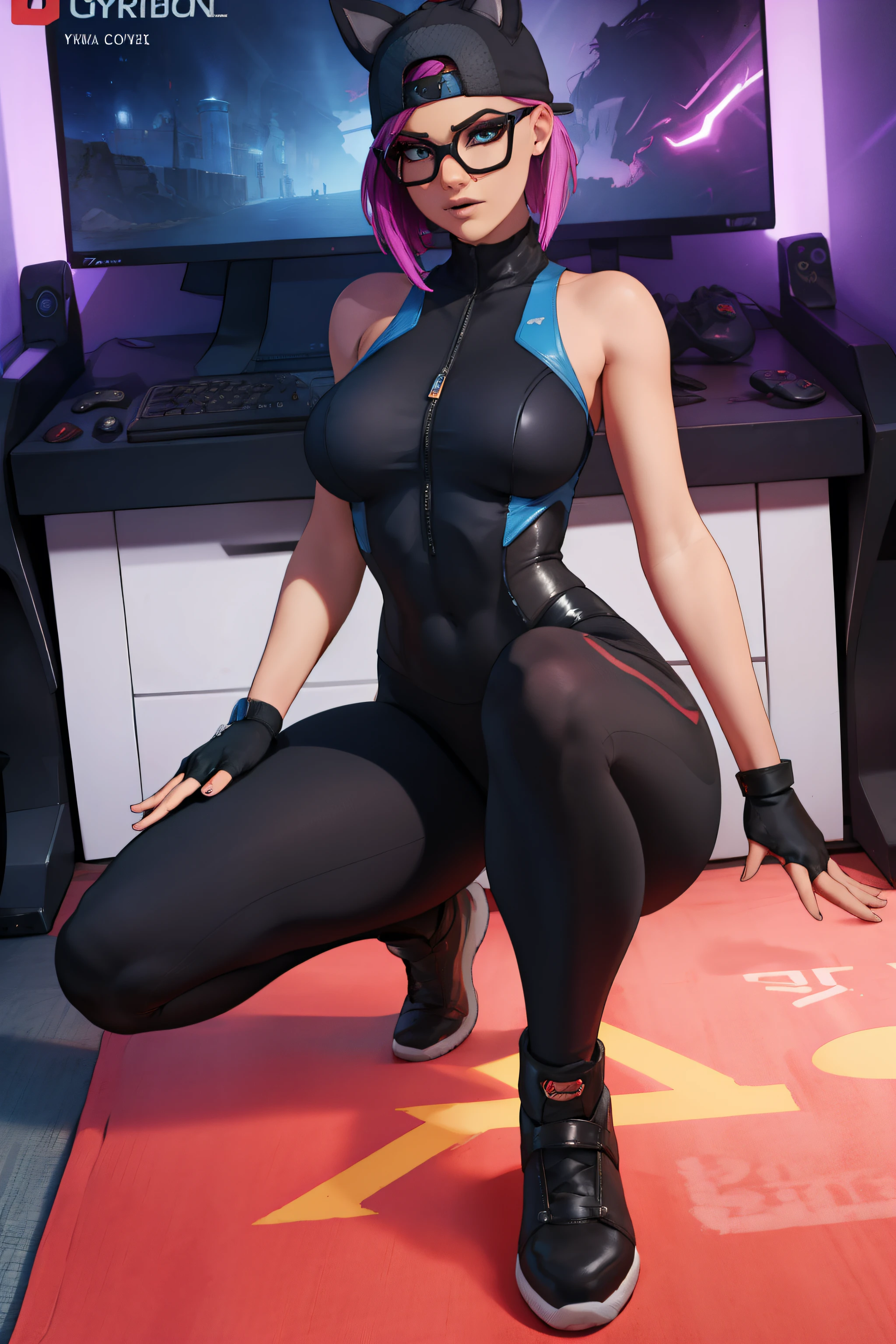Gaming Zone Lynx Negro con gafas, leggins azul, chaqueta negra, de espaldas, tanga 