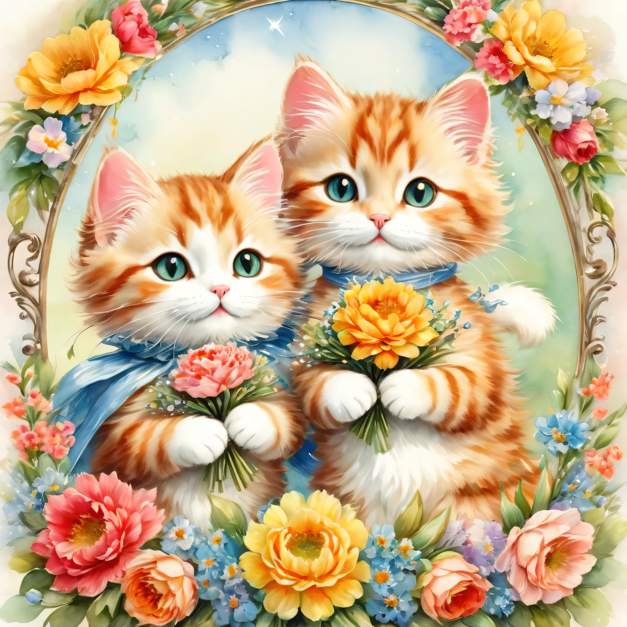 ((A couple of cats holding a bouquet)),masterpiece,highest quality,Fluffy cat,Little,cute,Adorable,fun,happiness,,Flower Hair Ornaments,Stylish scenery,Anatomically correct,all the best,,Little cat,The cutest cat,Fantasy,Randolph Caldecott Style,Awareness-raising,Watercolor,Decorative frame,Fancy,Sparkling,Wide range of colors,Gentle colors