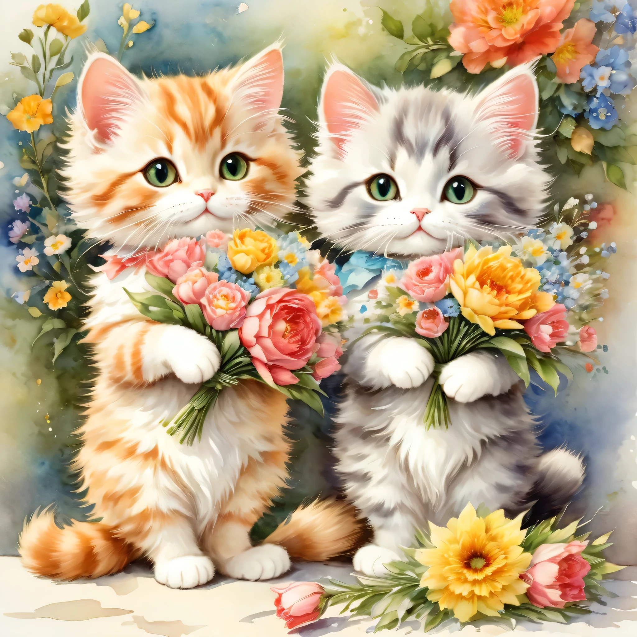 ((A couple of cats holding a bouquet)),masterpiece,highest quality,Fluffy cat,Little,cute,Adorable,fun,happiness,,Flower Hair Ornaments,Stylish scenery,Anatomically correct,all the best,,Little cat,The cutest cat,Fantasy,Randolph Caldecott Style,Awareness-raising,Watercolor,Decorative frame,Fancy,Sparkling,Wide range of colors,Gentle colors